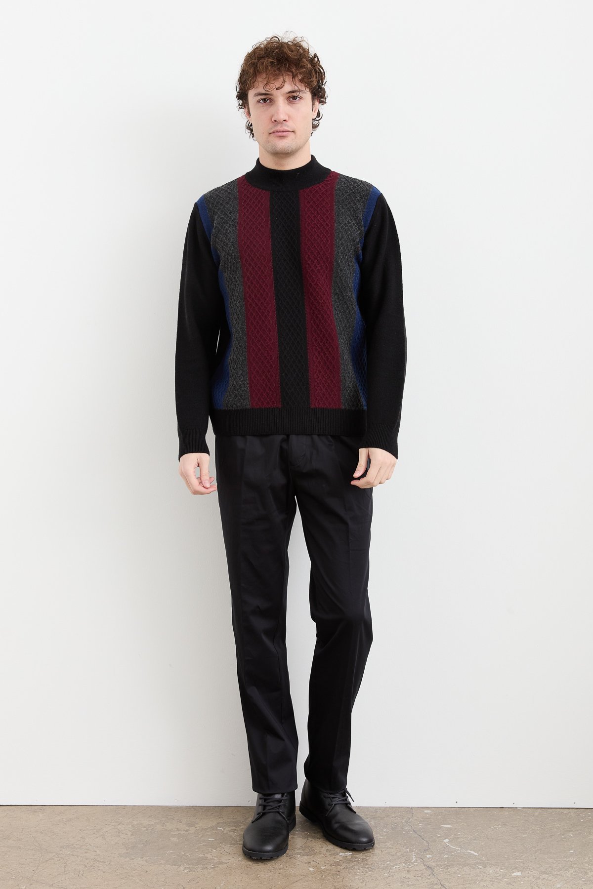 23506Erkek Yarım Balıkçı Yaka Önü Renkli Yün Kazak Siyah