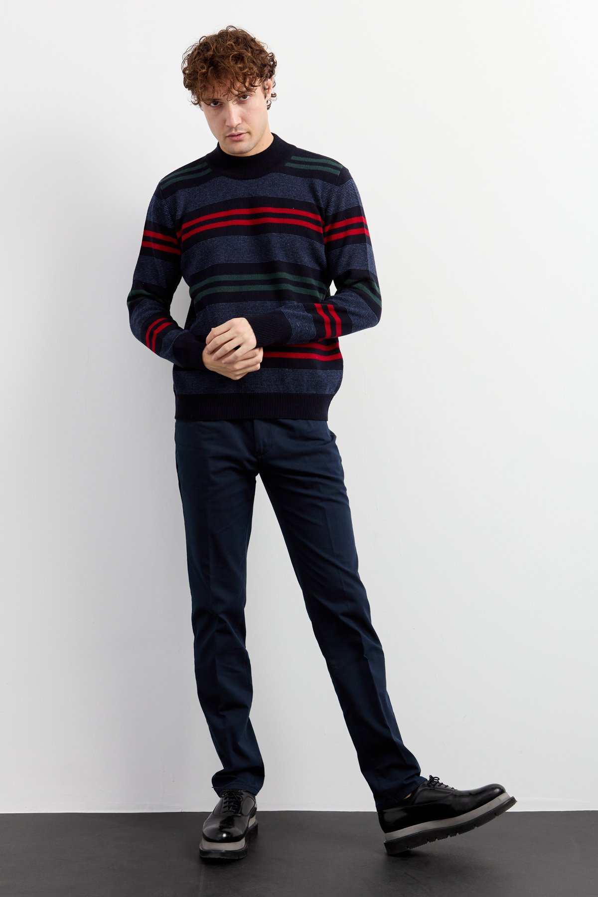 23501Erkek Yarım Balıkçı Yaka Renkli Çizgili Yün Kazak K.Lacivert