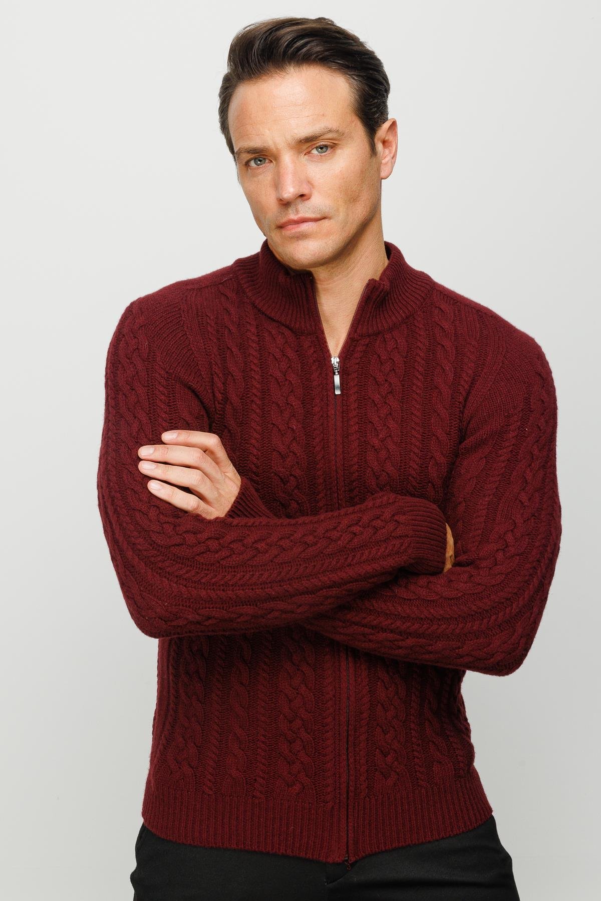 22587Erkek Yarım Balıkçı Yaka Saç Örgülü Yün Ceket Bordo