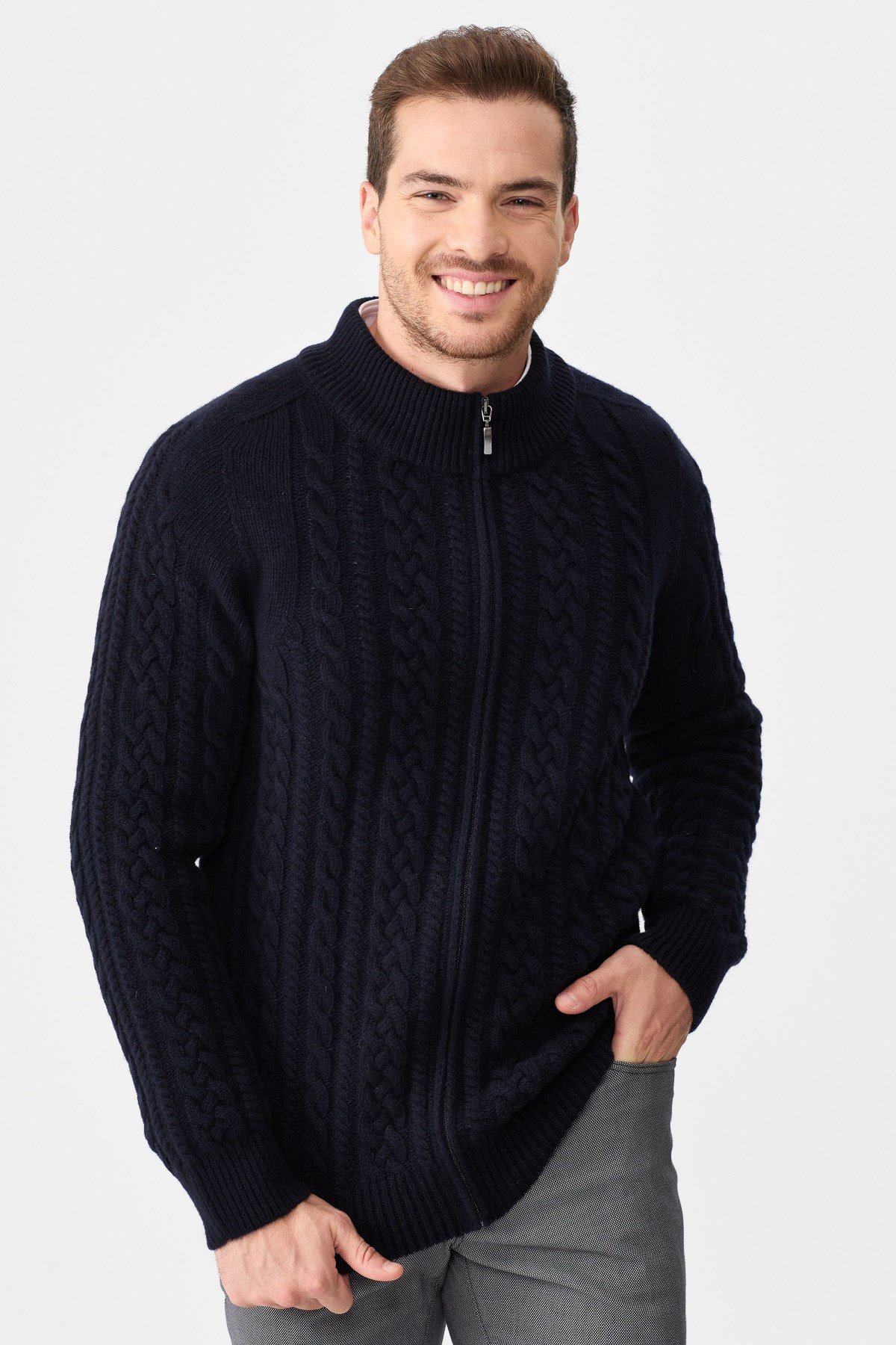 22587Erkek Yarım Balıkçı Yaka Saç Örgülü Yün Ceket K.Lacivert