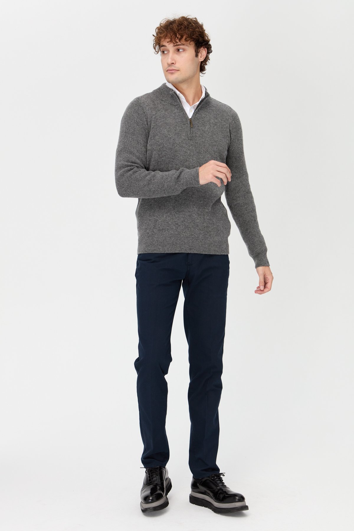 22590Erkek Yarım Balıkçı Yaka Yakası Fermuarlı Yün Kazak Füme