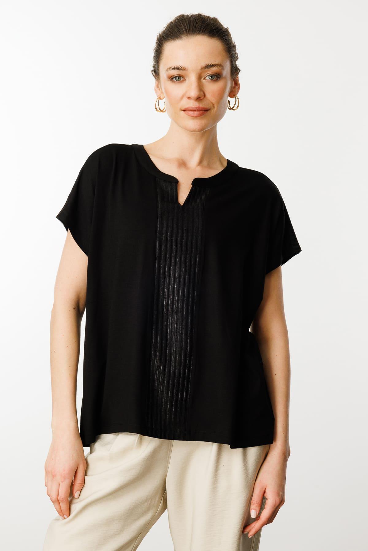 25760Kadın Açma Yaka Önü Bantlı Penye Bluz Siyah