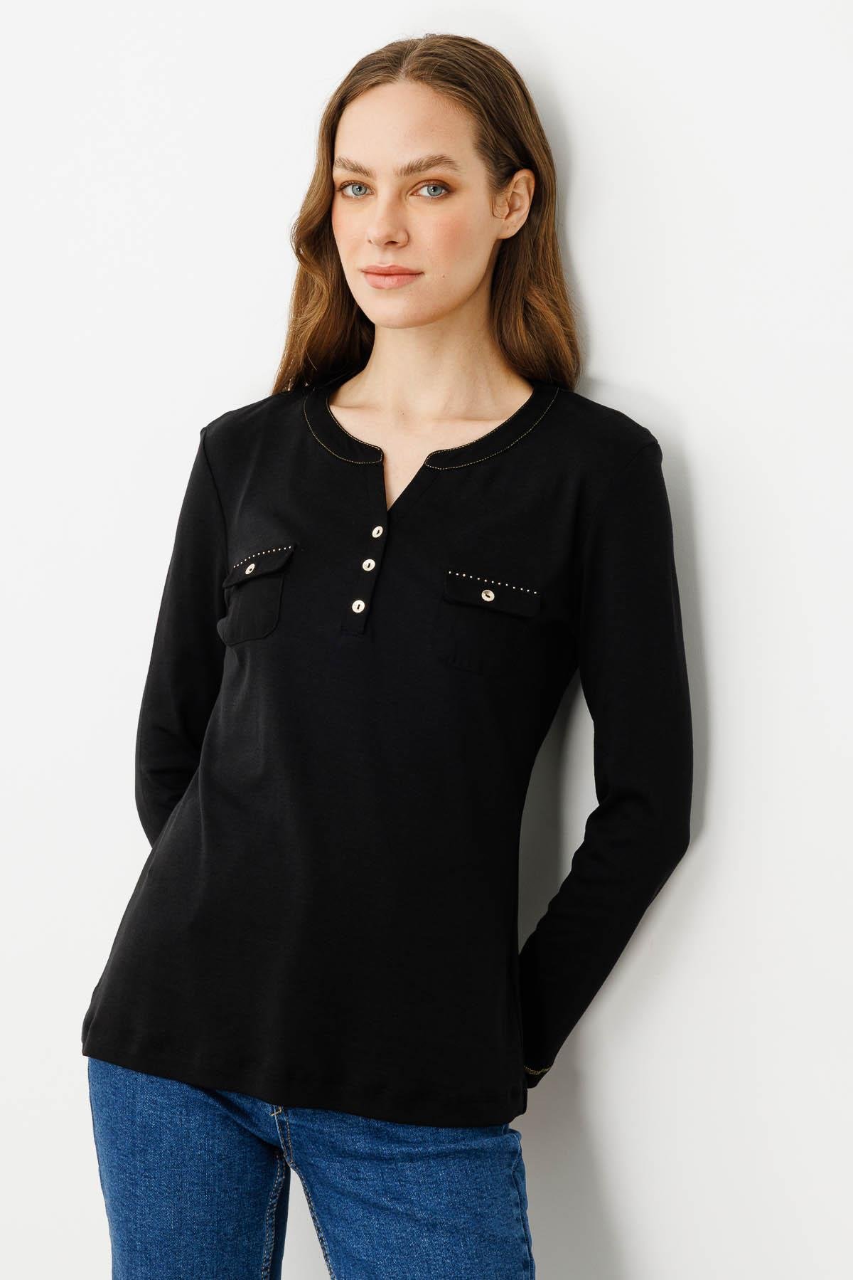 25807Kadın Açma Yaka Önü Cepli Penye Bluz Siyah
