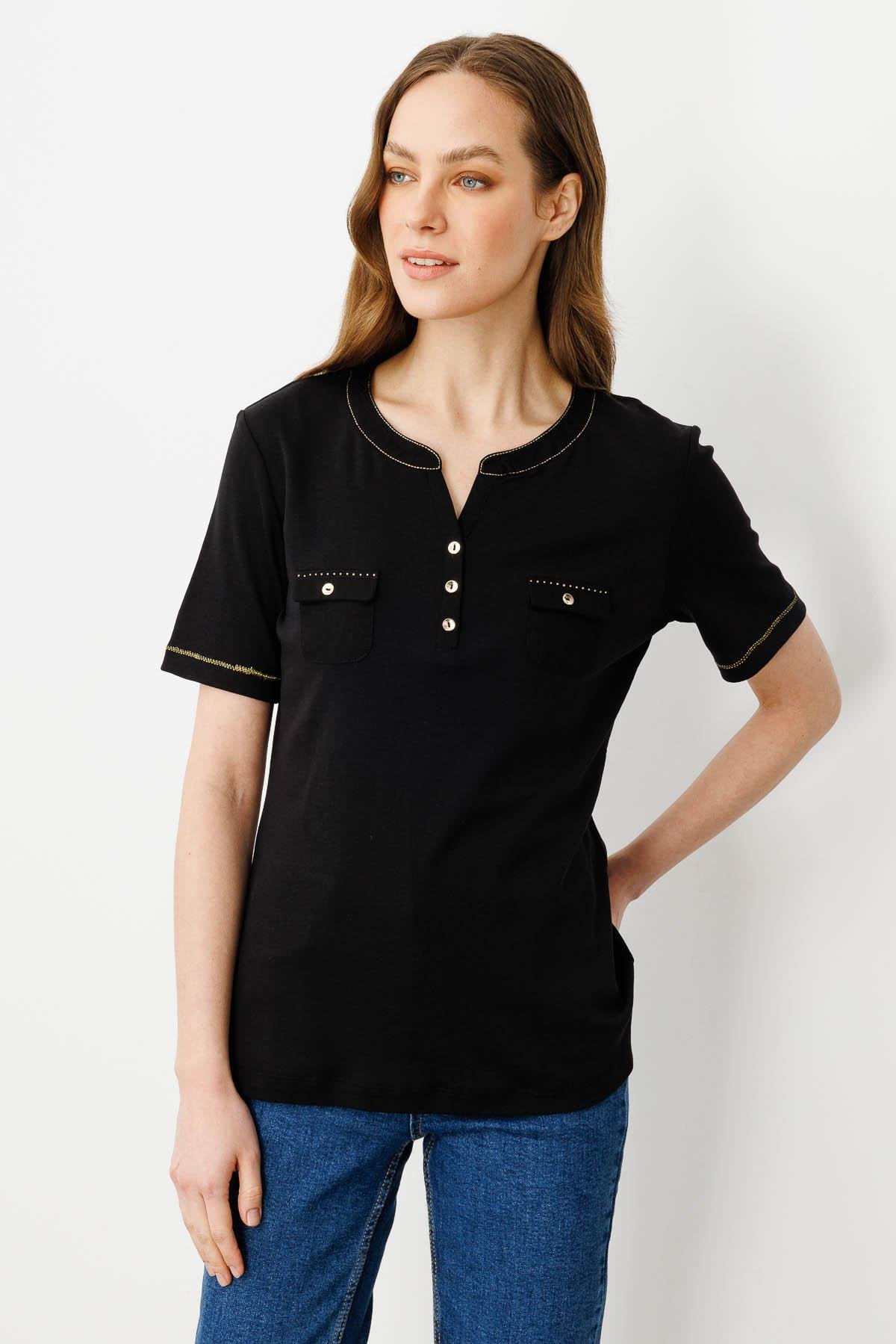 25806Kadın Açma Yaka Önü Cepli Penye T-shirt Siyah