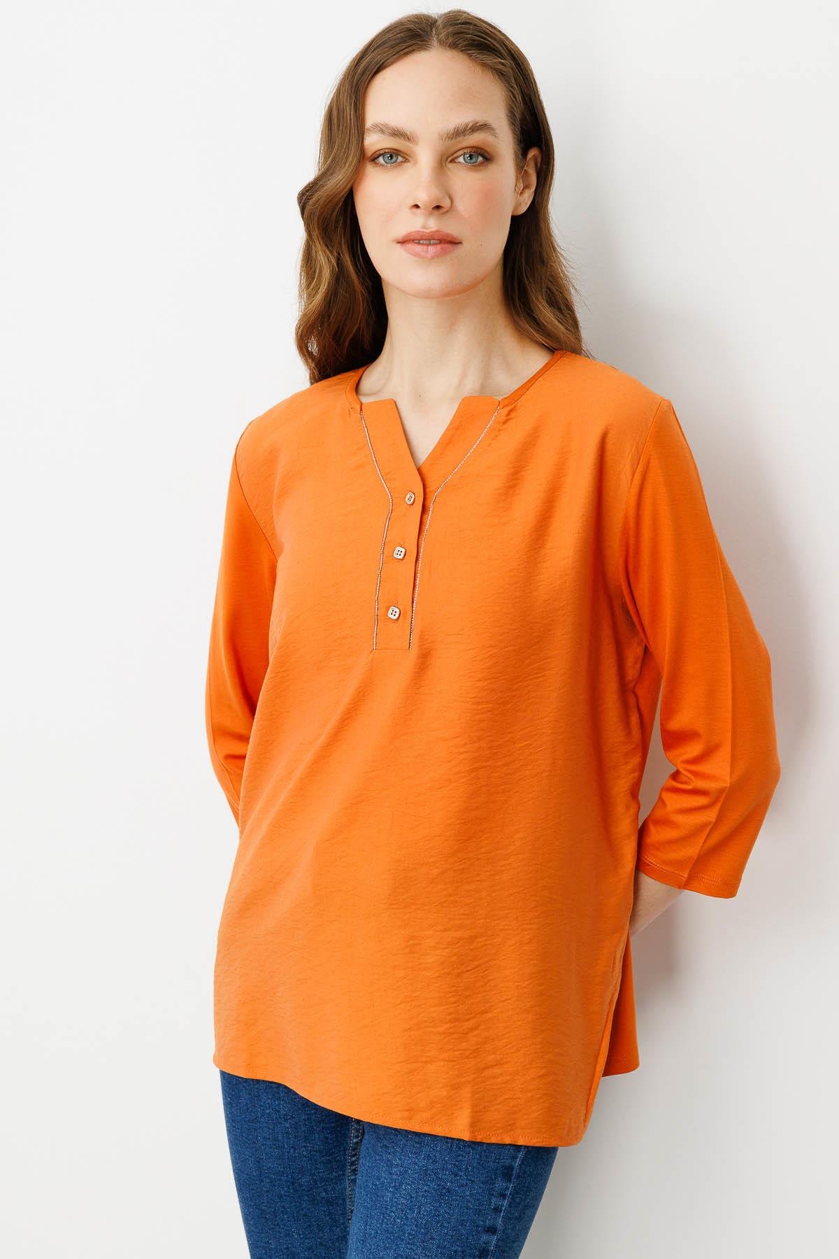 25763Kadın Açma Yaka Önü Düğmeli Bluz Turuncu