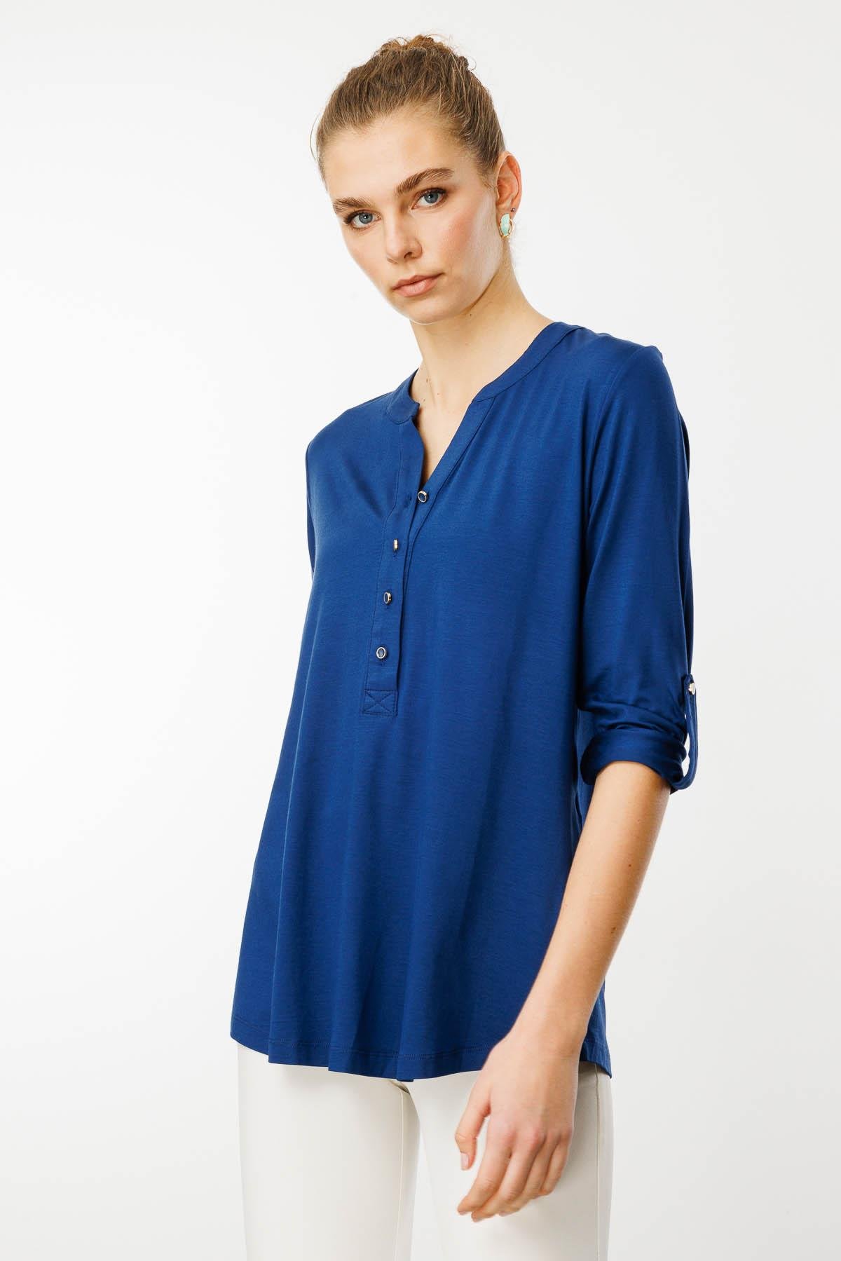 25765Kadın Açma Yaka Önü Düğmeli Gömlek İndigo