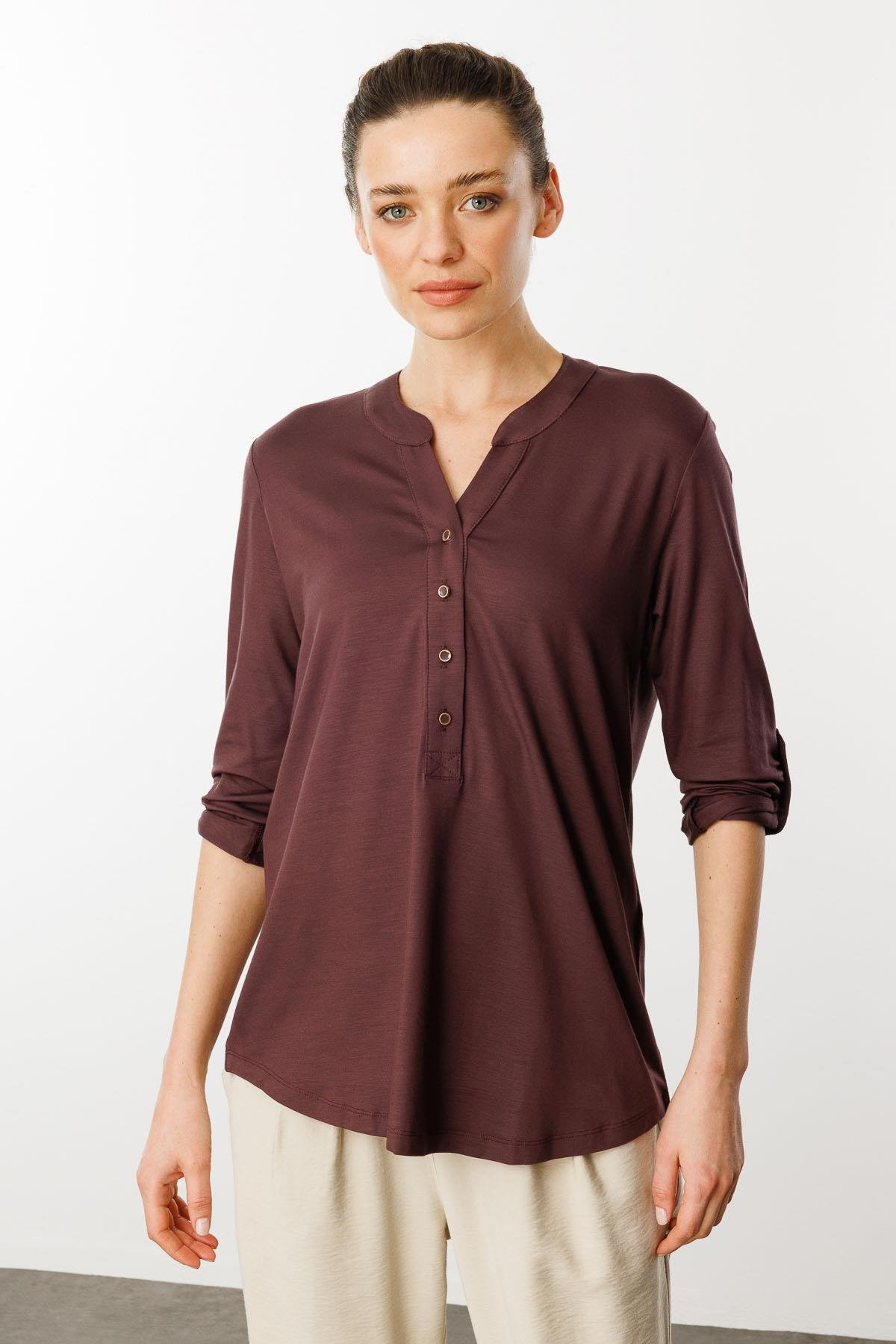 25765Kadın Açma Yaka Önü Düğmeli Gömlek Kahve
