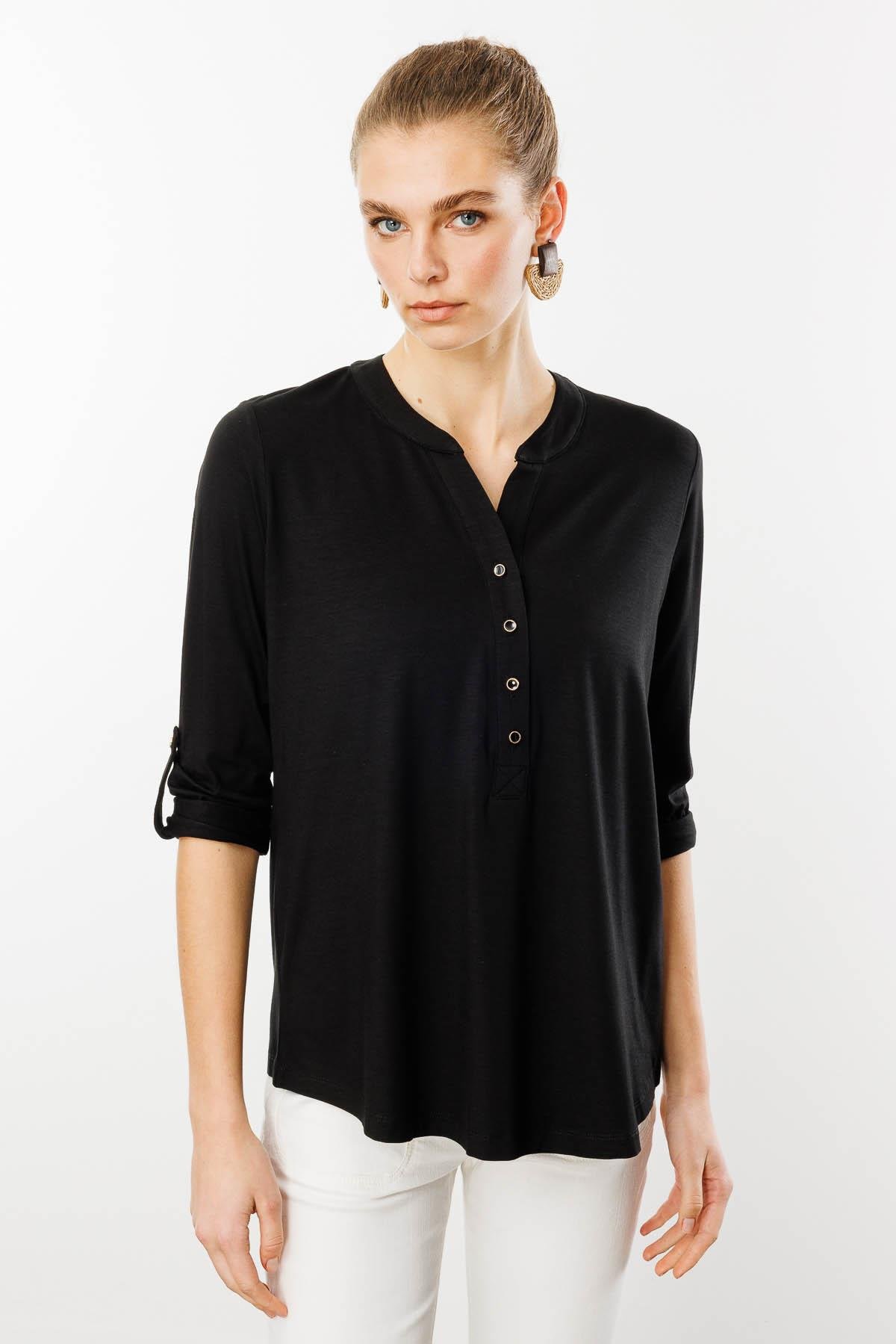 25765Kadın Açma Yaka Önü Düğmeli Gömlek Siyah