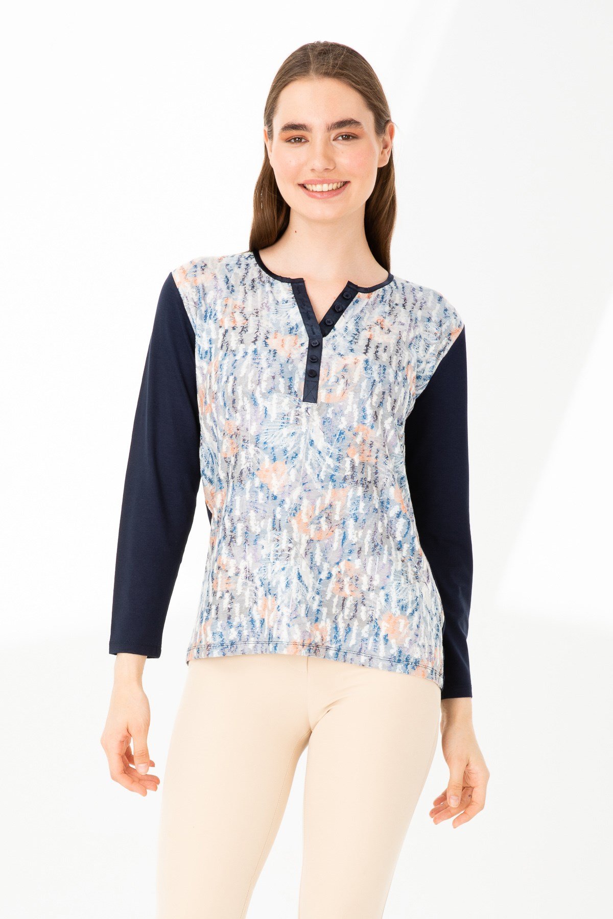 KADIN AÇMA YAKA TRUVAKAR KOL DESENLİ PENYE BLUZ LACİVERT