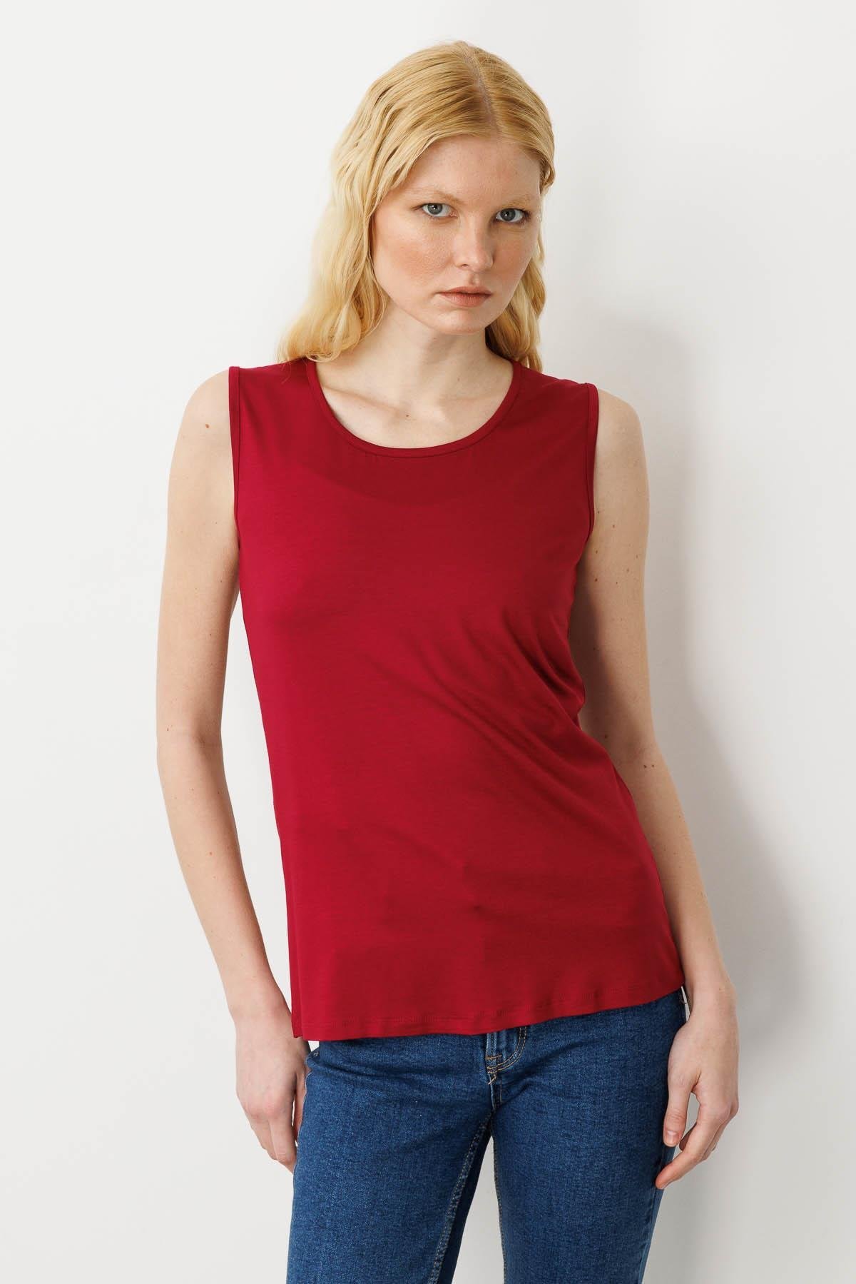 20868Kadın Askılı Penye T-shirt Bordo