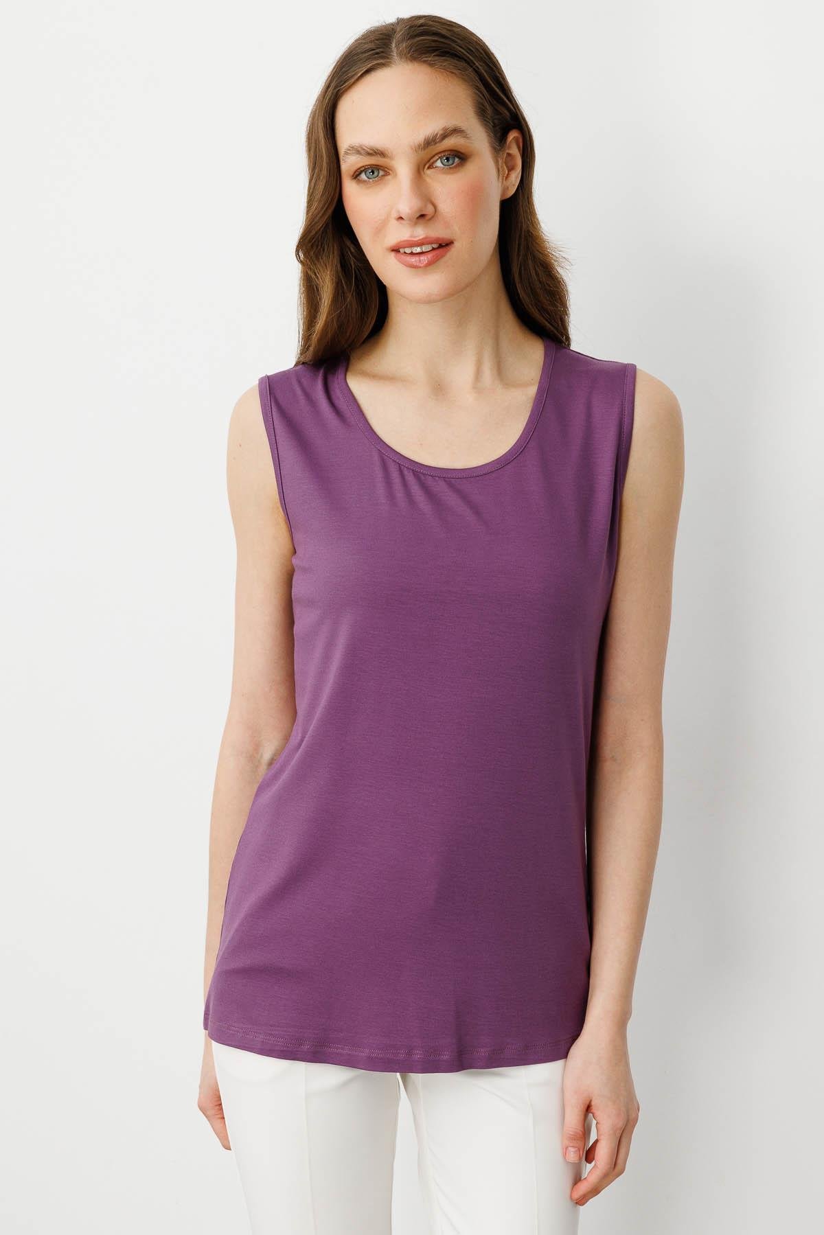 20868Kadın Askılı Penye T-shirt Lila