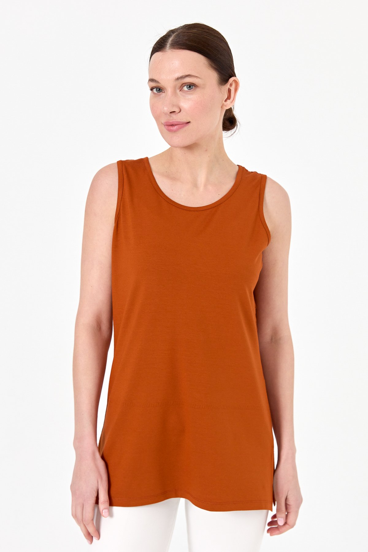 20868Kadın Askılı Penye T-shirt Taba