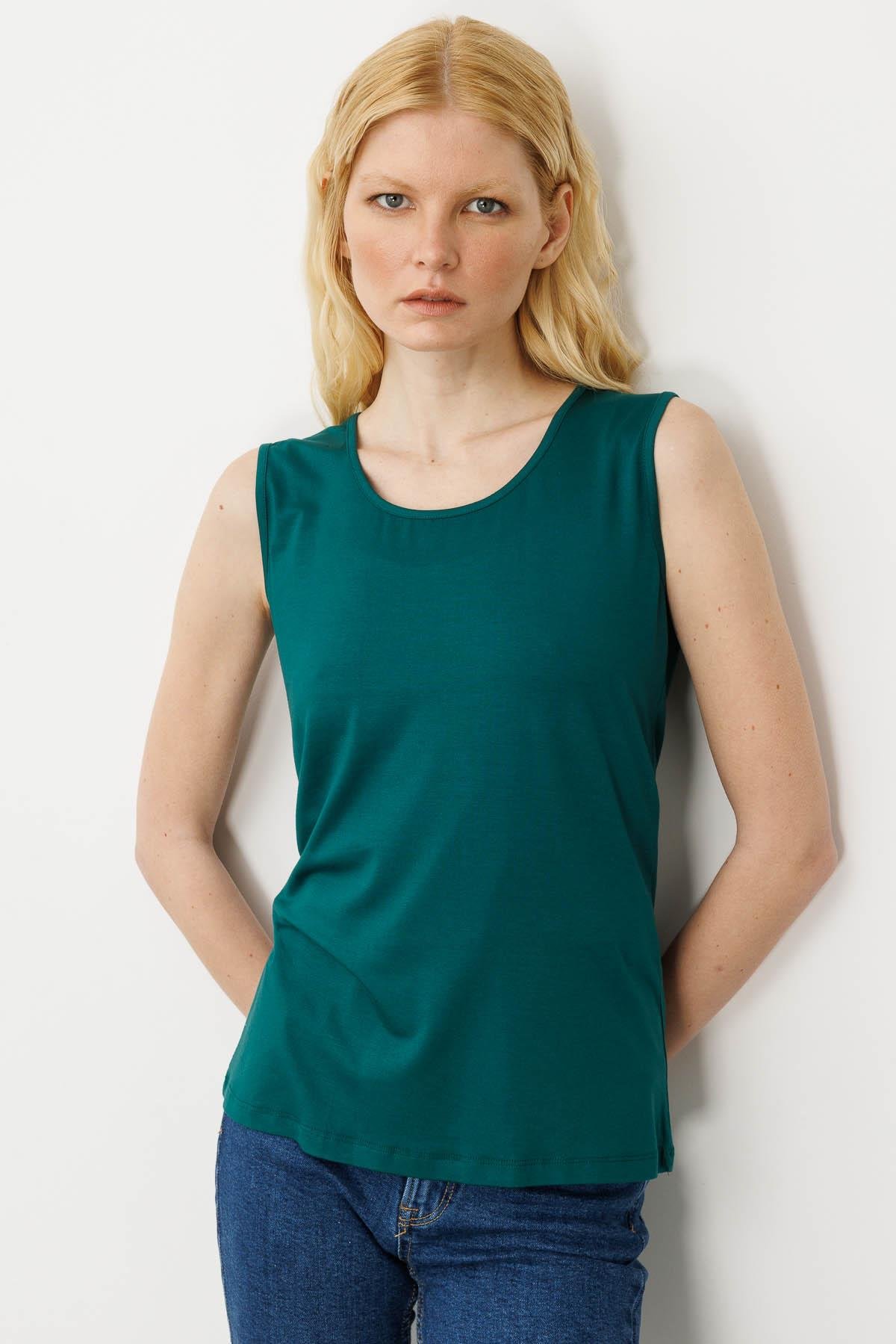 20868Kadın Askılı Penye T-shirt Yeşil