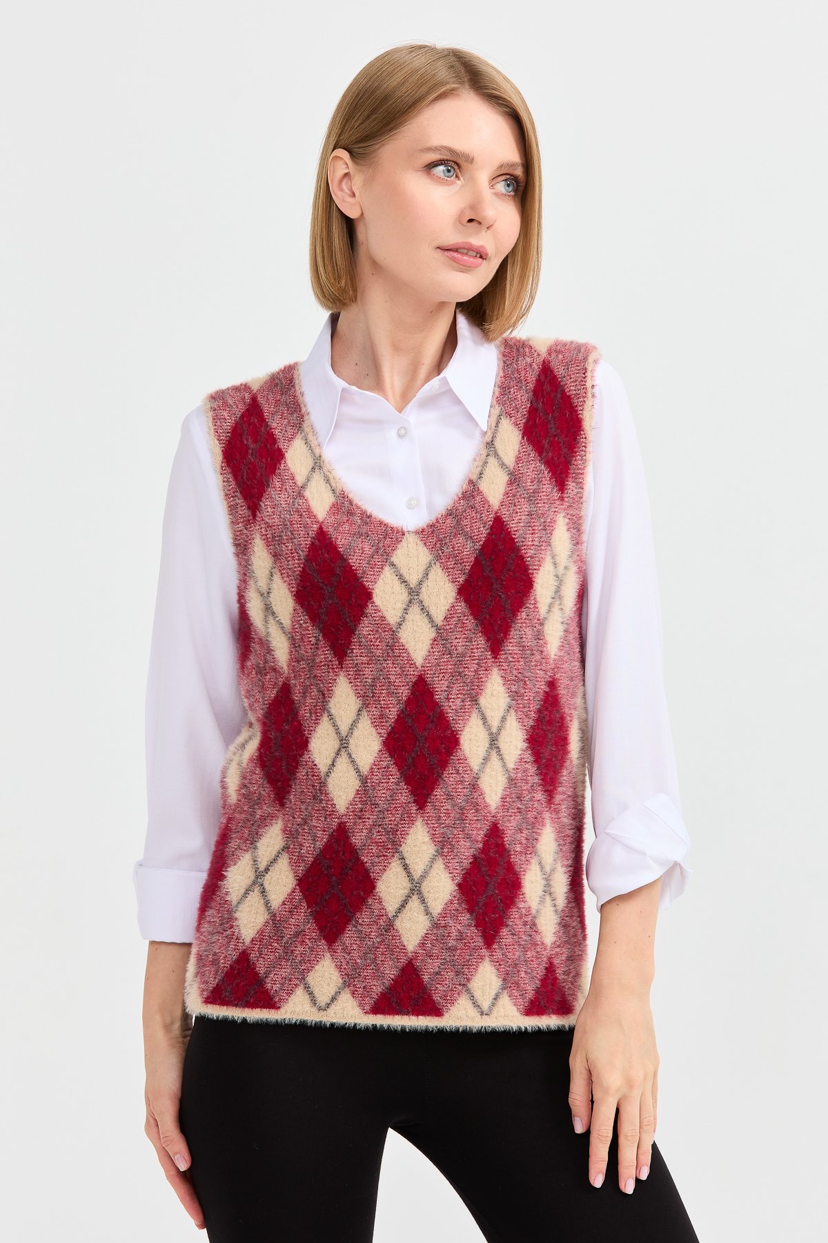 22266Kadın Baklava Desenli Süveter 36