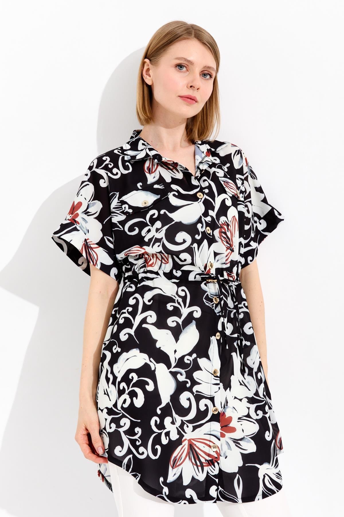 23482Kadın Beli Bağcıklı Cepli Elbise Siyah