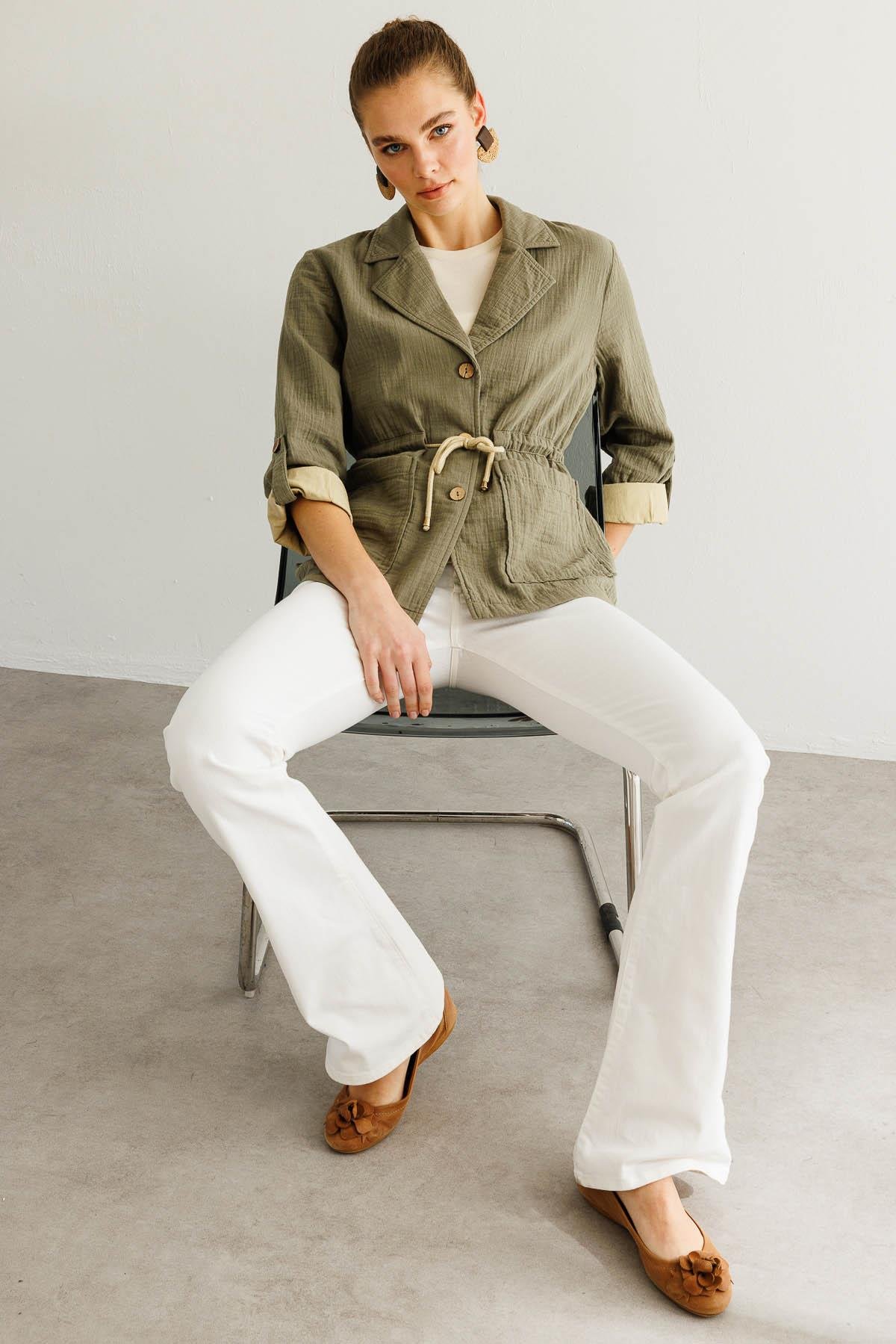 KMY24077Женская хлопковая куртка с завязкой на талии