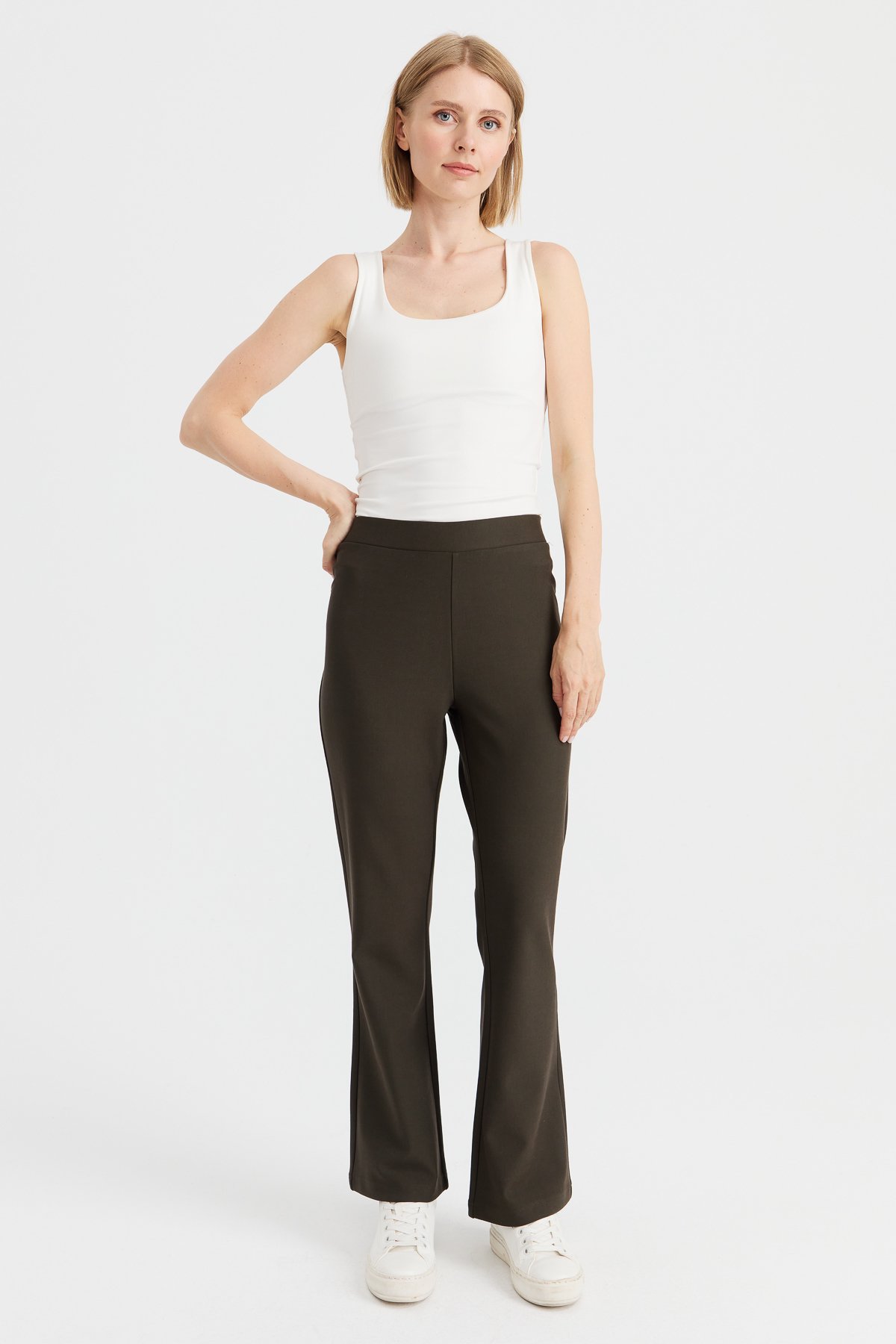 KMKPT005Kadın Beli Lastikli İspanyol Paça Tayt Pantolon Haki