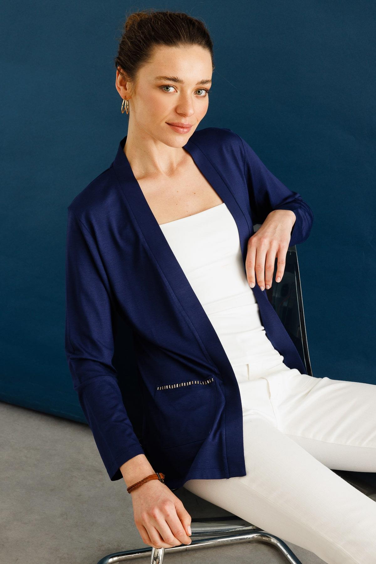 25756Kadın Cepleri Taşlı Yazlık Hırka Lacivert