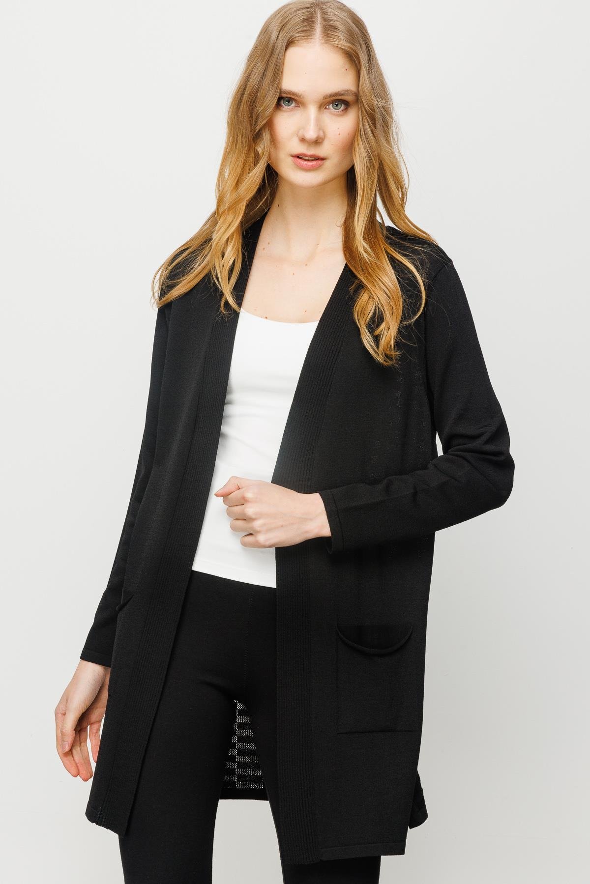 23350Kadın Cepli Arkası Desenli Uzun Yazlık Ceket Siyah