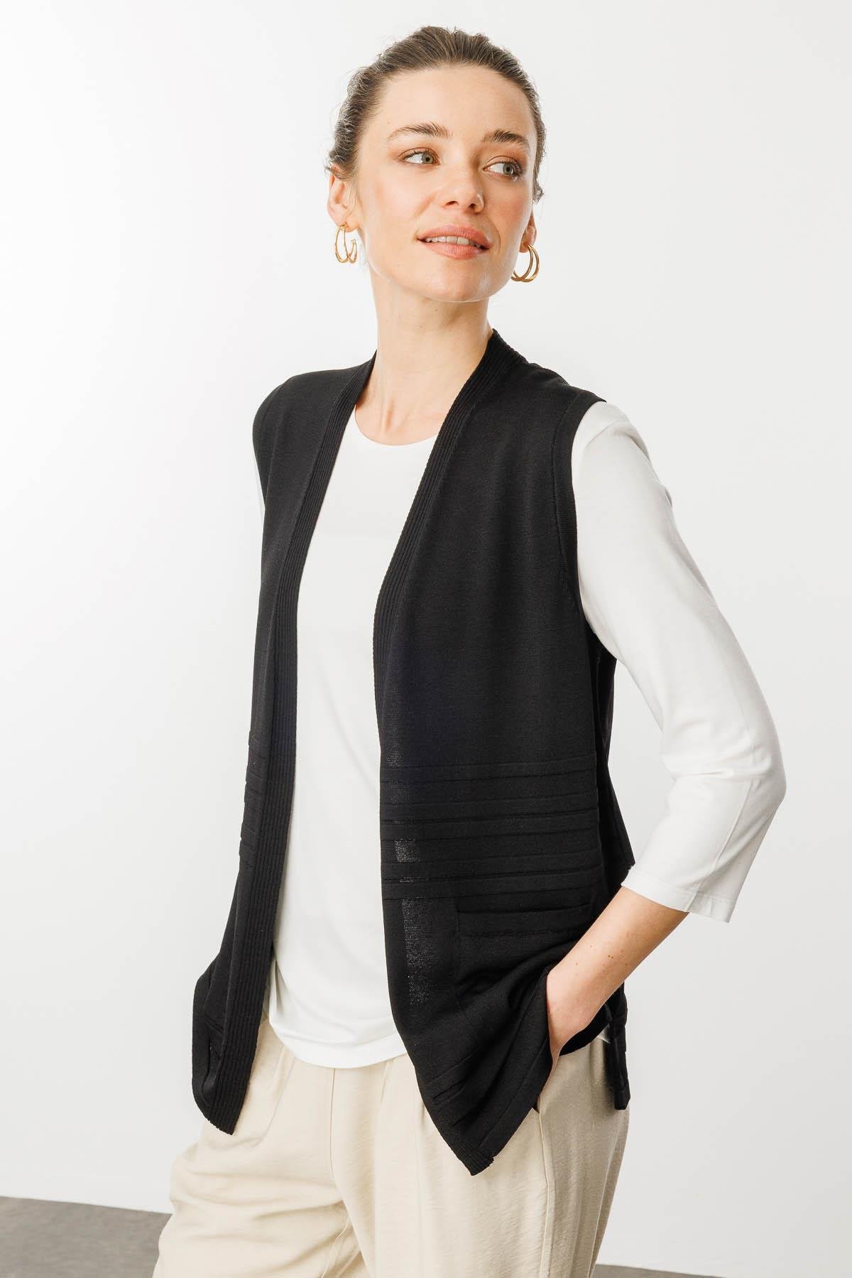 25350Kadın Cepli Yazlık Triko Yelek Siyah