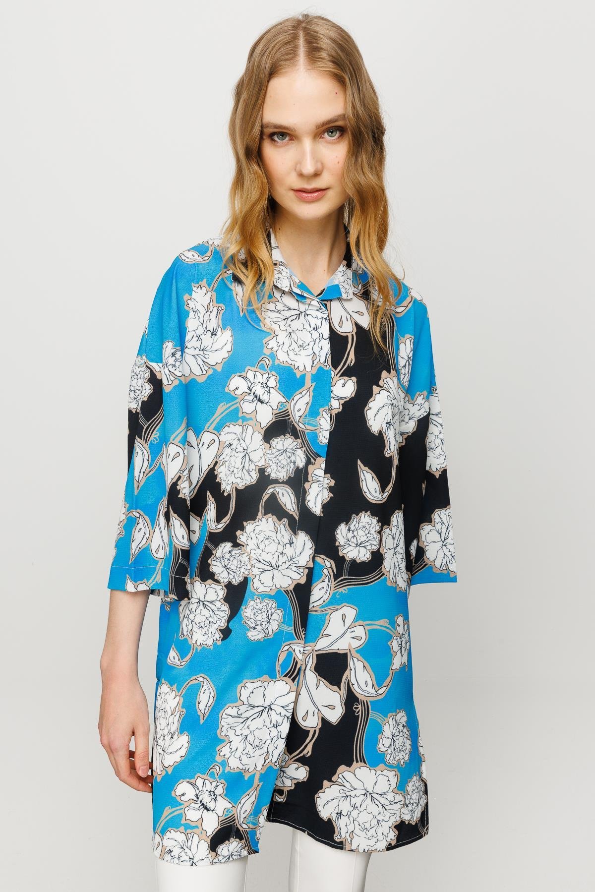 23481Kadın Çiçek Desenli Uzun Gömlek Saks