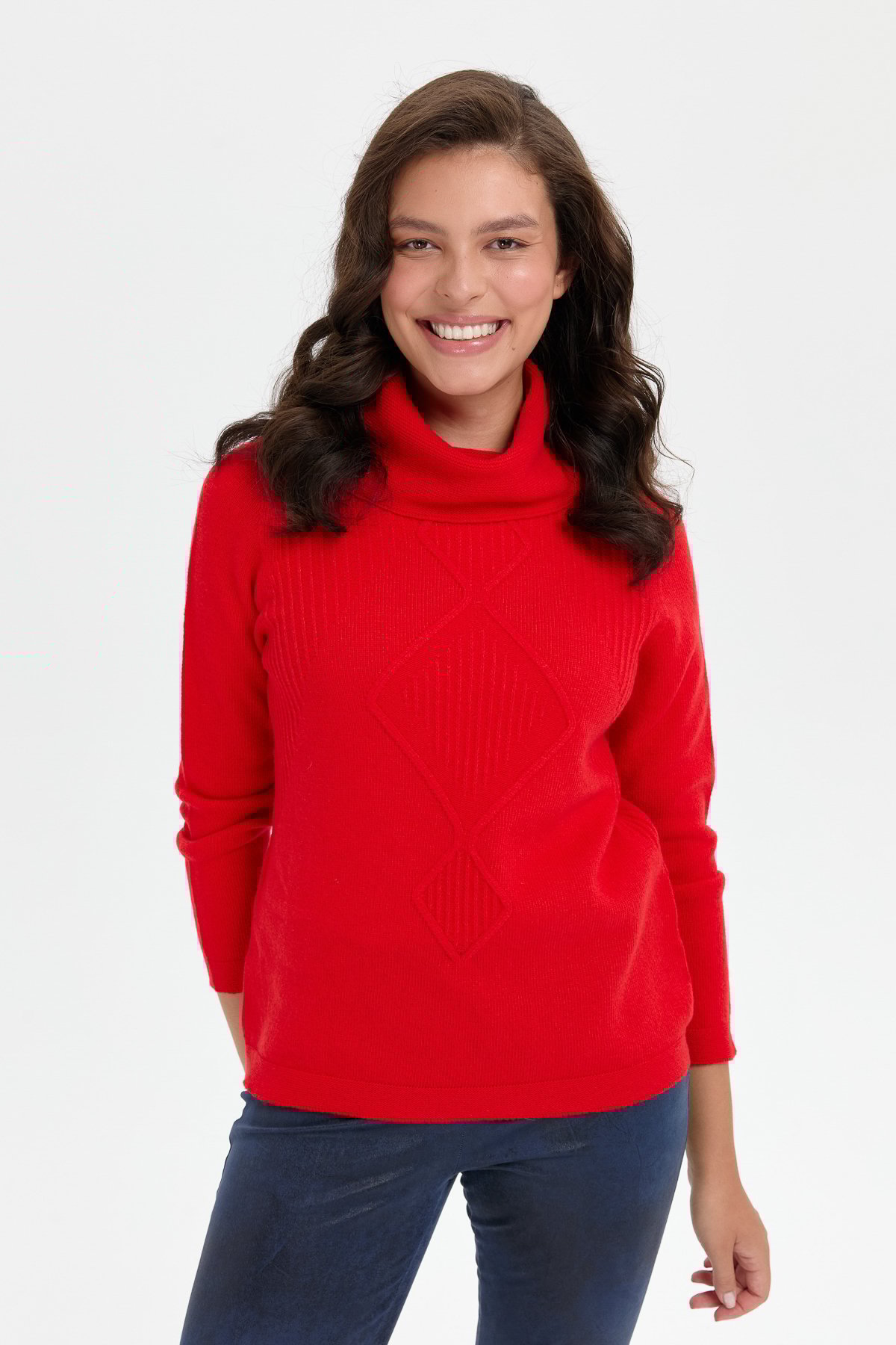 24200Kadın Degaje Yaka Dikişsiz Önü Selanik Yün Kazak Mercan