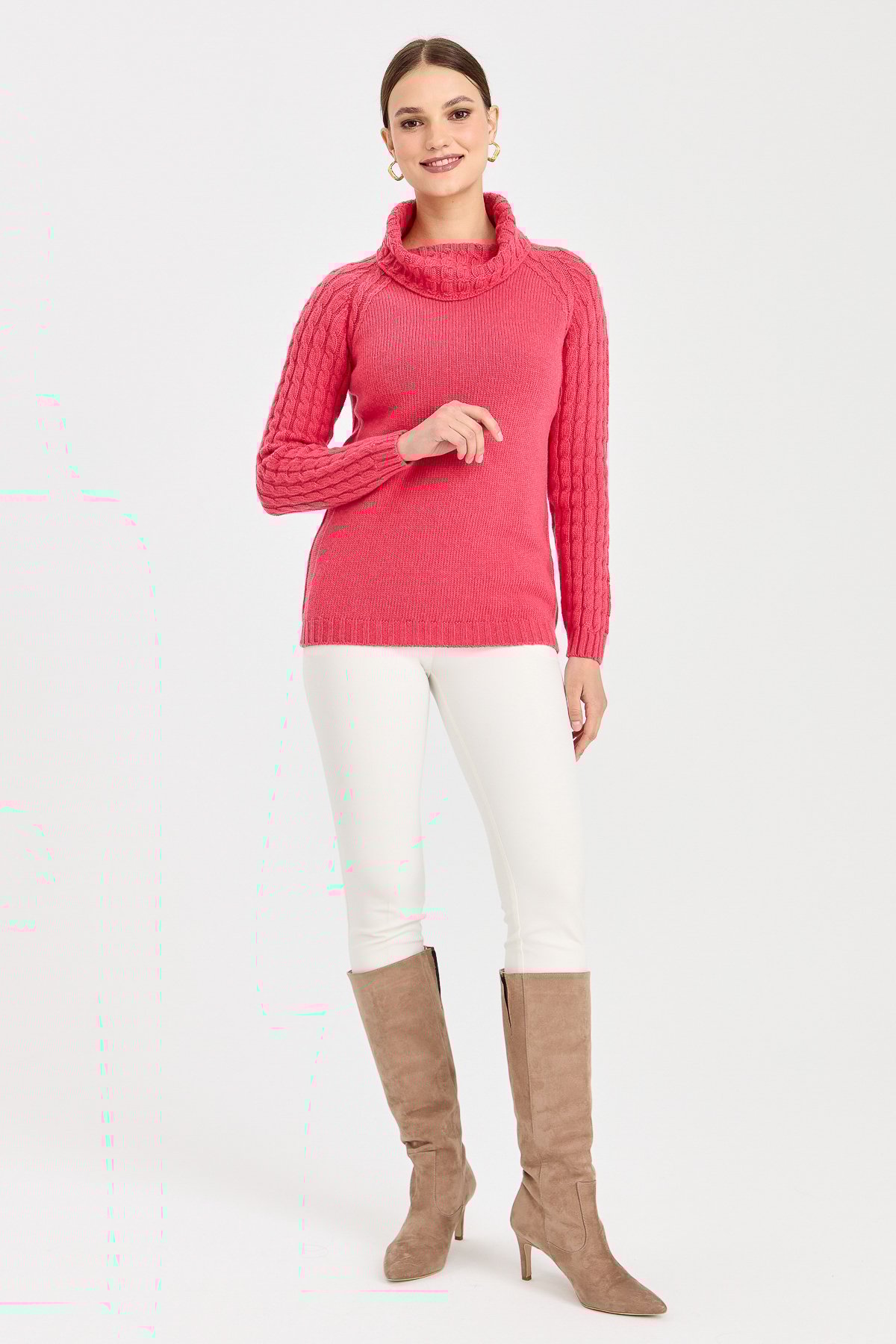 23202Kadın Degaje Yaka Kolu ve Yakası Saç Örgü Yün Kazak Y.Ş.Pembe