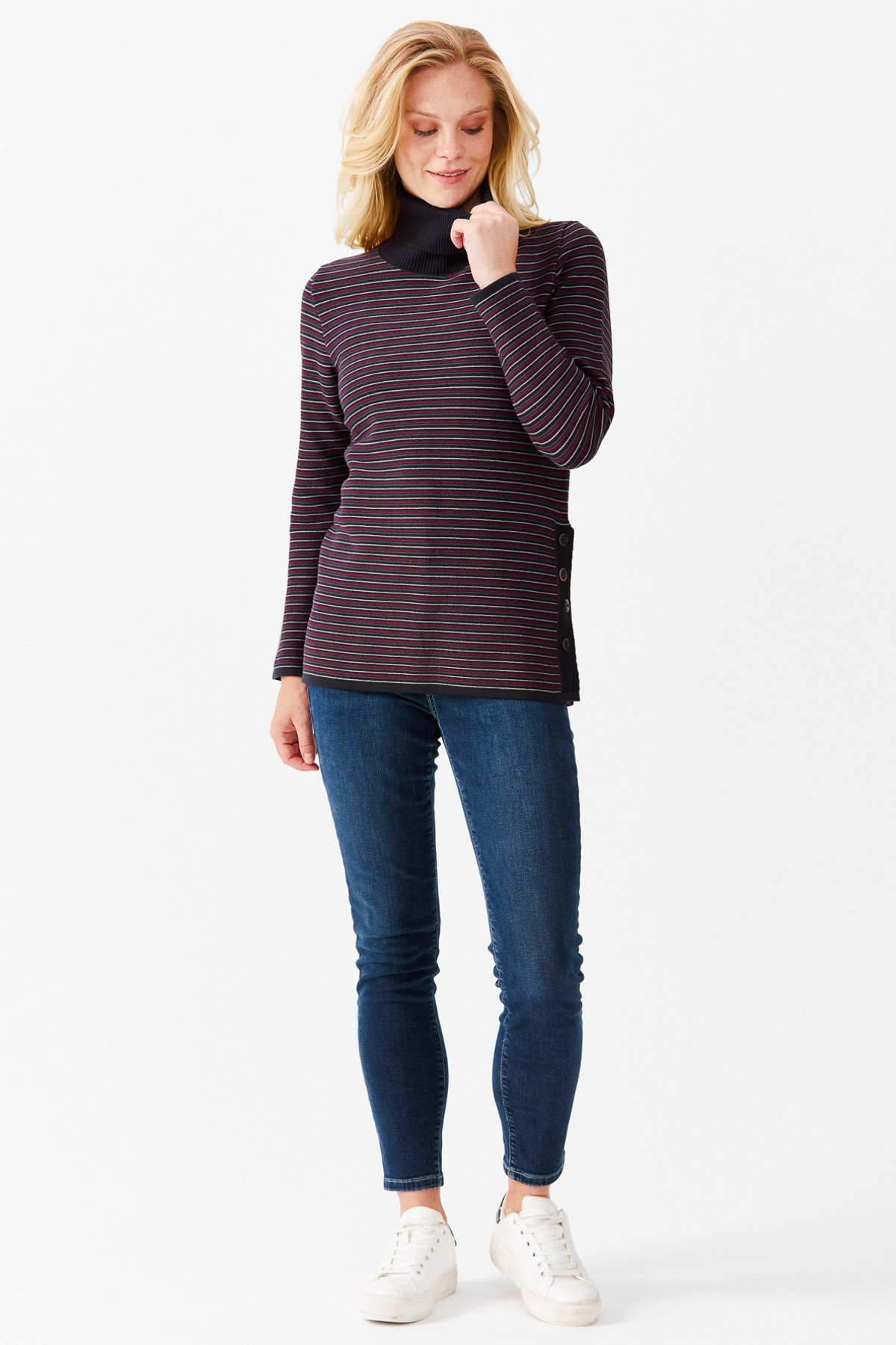 22079Женская туника в цветную полоску, на пуговицах и одним боковым разрезом, синяя