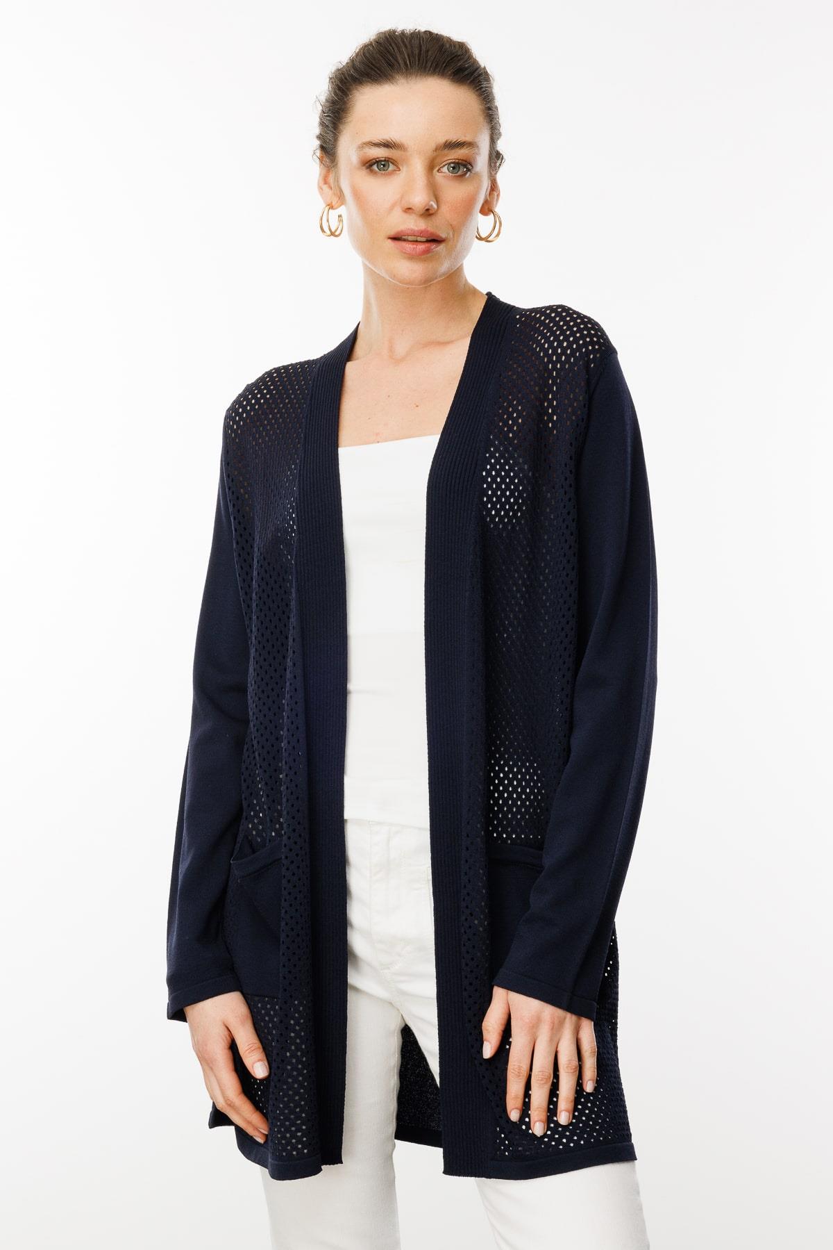 25352Kadın Delikli Araboy Yazlık Triko Hırka Lacivert