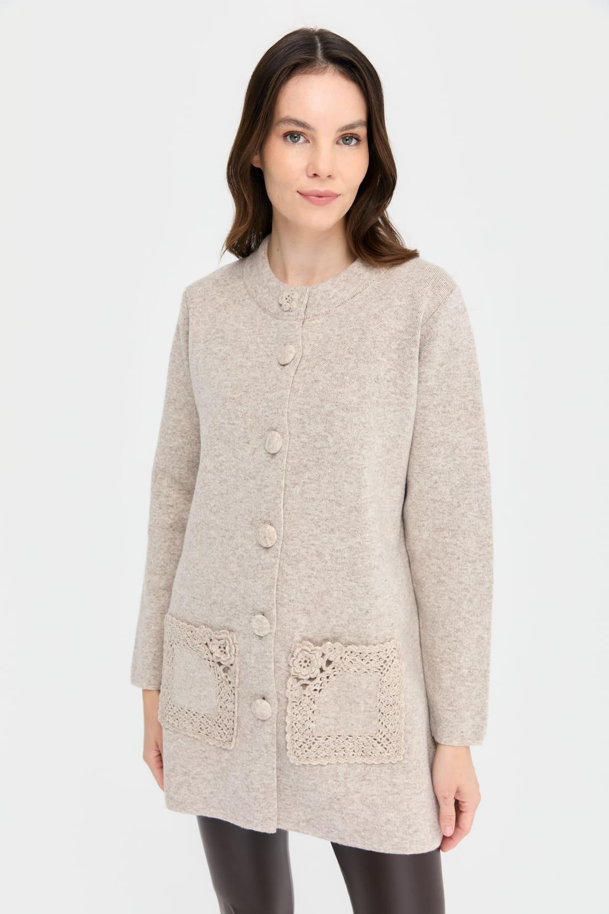 Kadın Dik Yaka Araboy Yün Kaban V.Bej