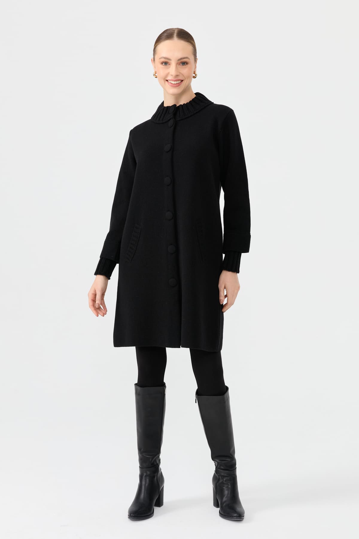 24045Kadın Dik Yaka Basic Uzun Yün Kaban Siyah