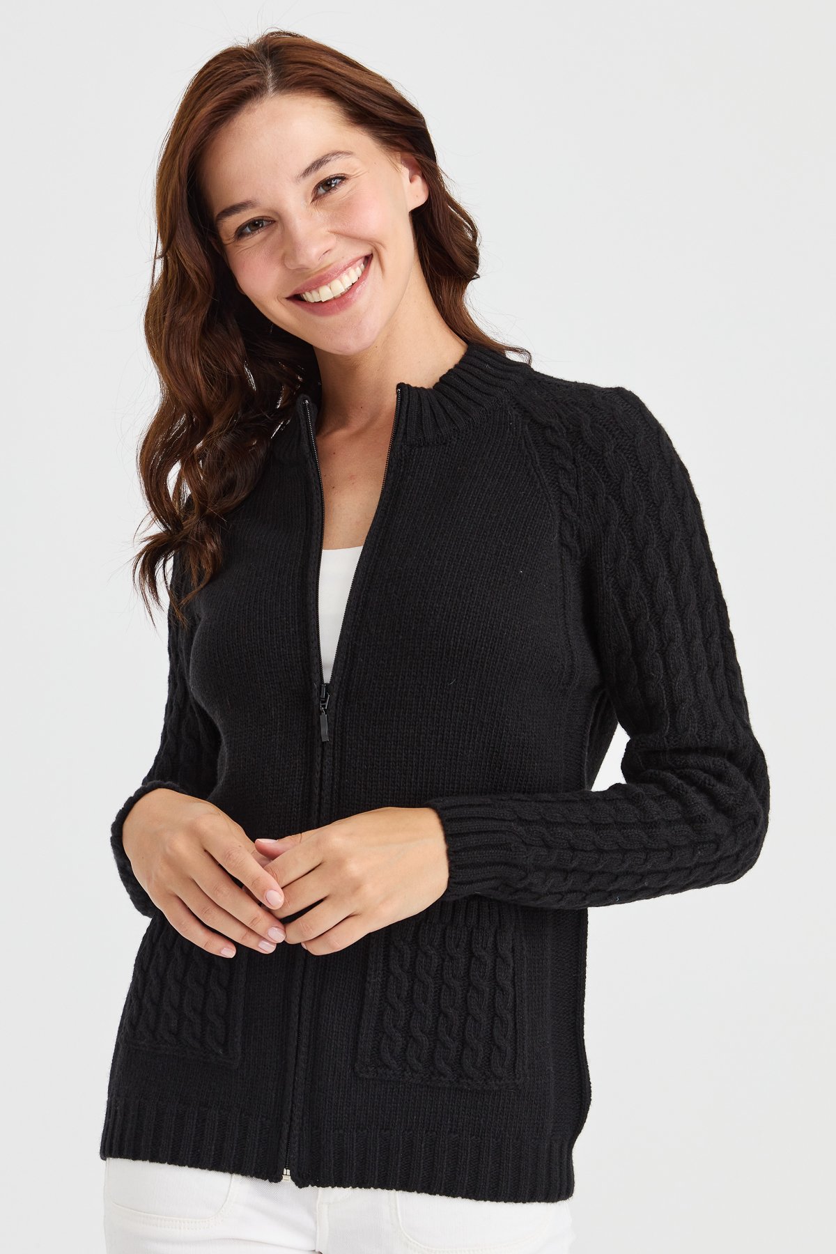 23203Kadın Dik Yaka Cebi ve Kolu Saç Örgü Yün Ceket Siyah