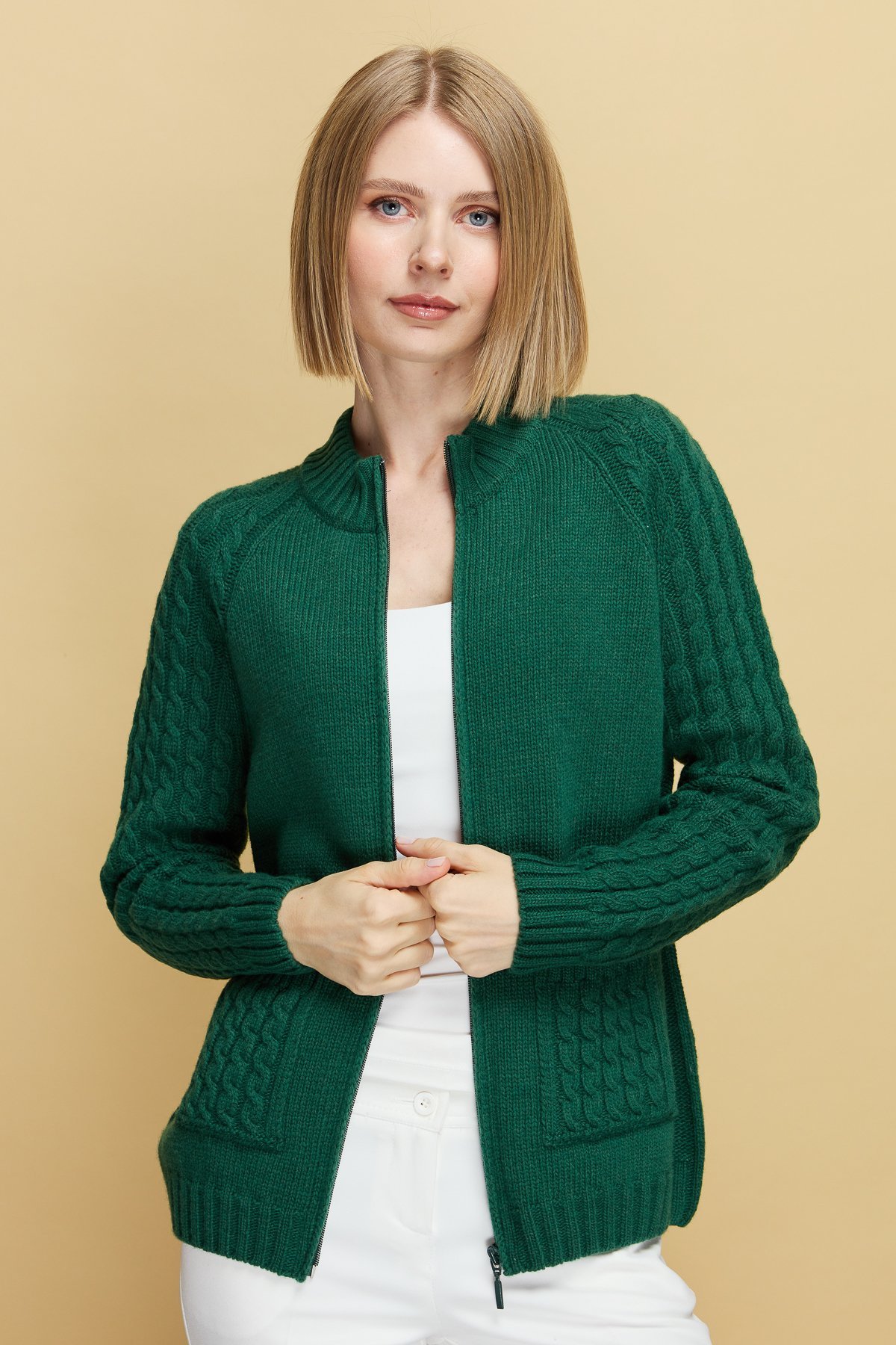 Женская вязаная шерстяная куртка с воротником-стойкой, карманом и рукавами для волос