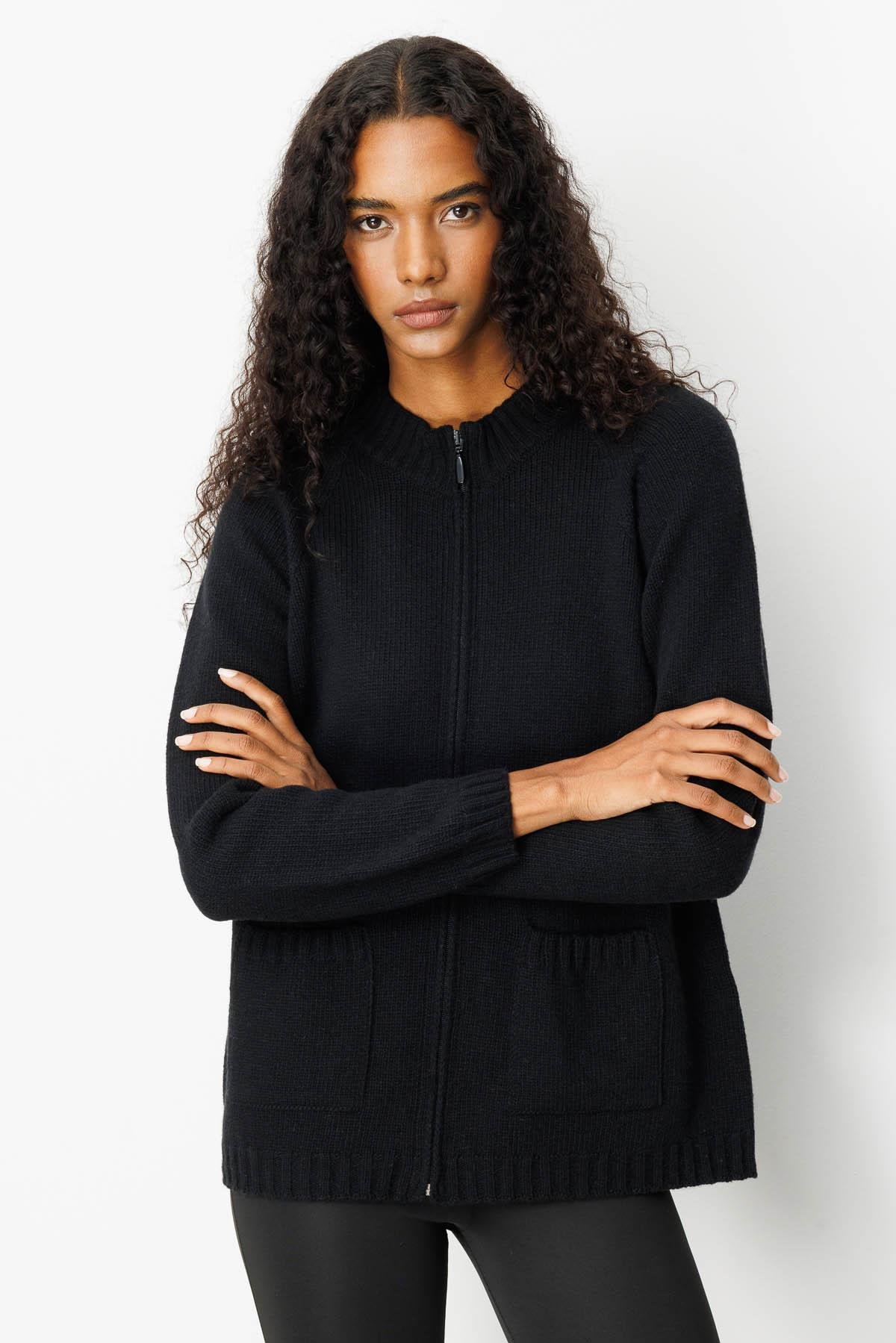 25170Kadın Dik Yaka Cepli Basic Yün Ceket Siyah