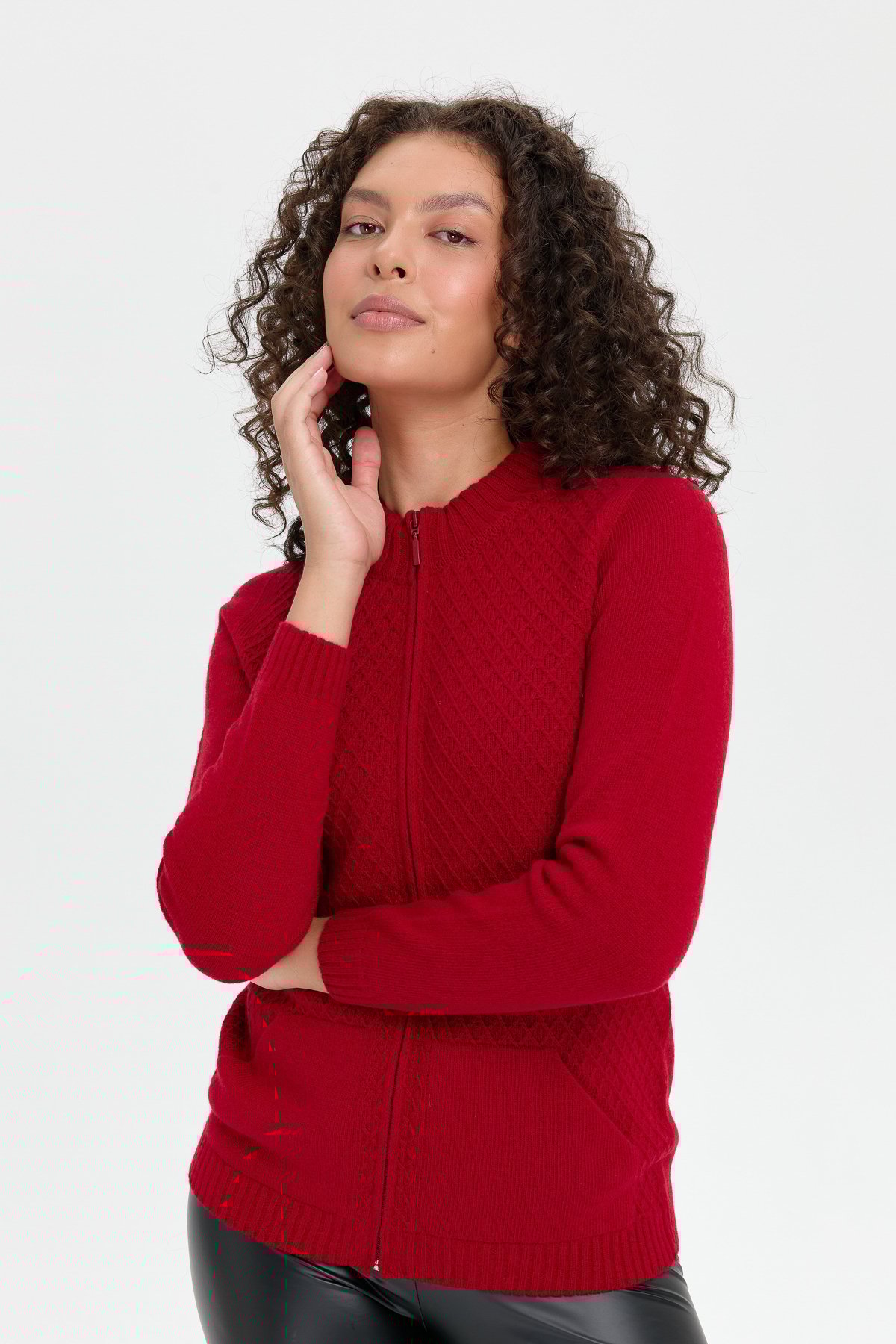 24218Kadın Dik Yaka Dikişsiz Önü Fermuarlı Yün Hırka K.Kırmızı