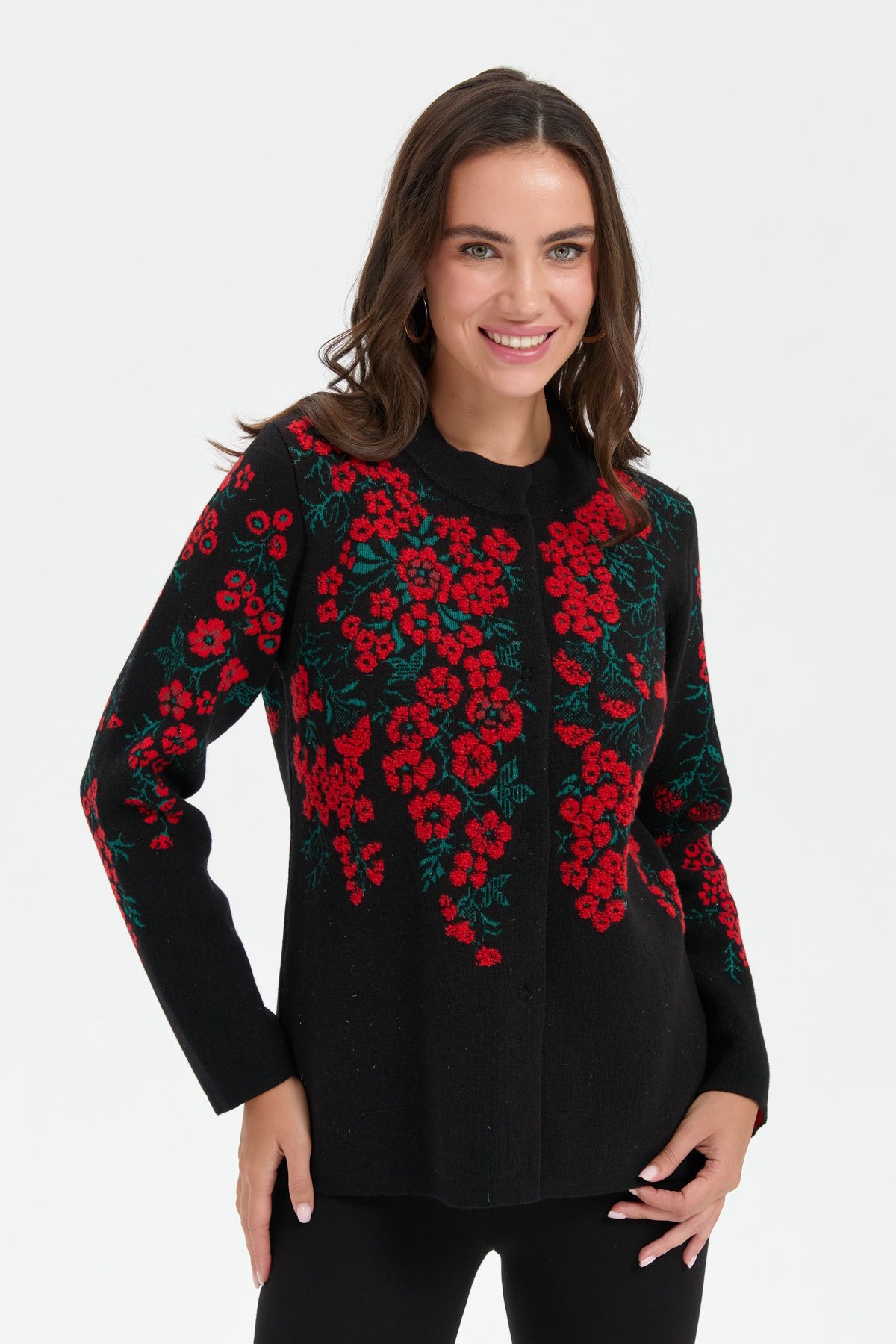 24019Kadın Dik Yaka Pıtırcık Çiçekli Yün Ceket Siyah