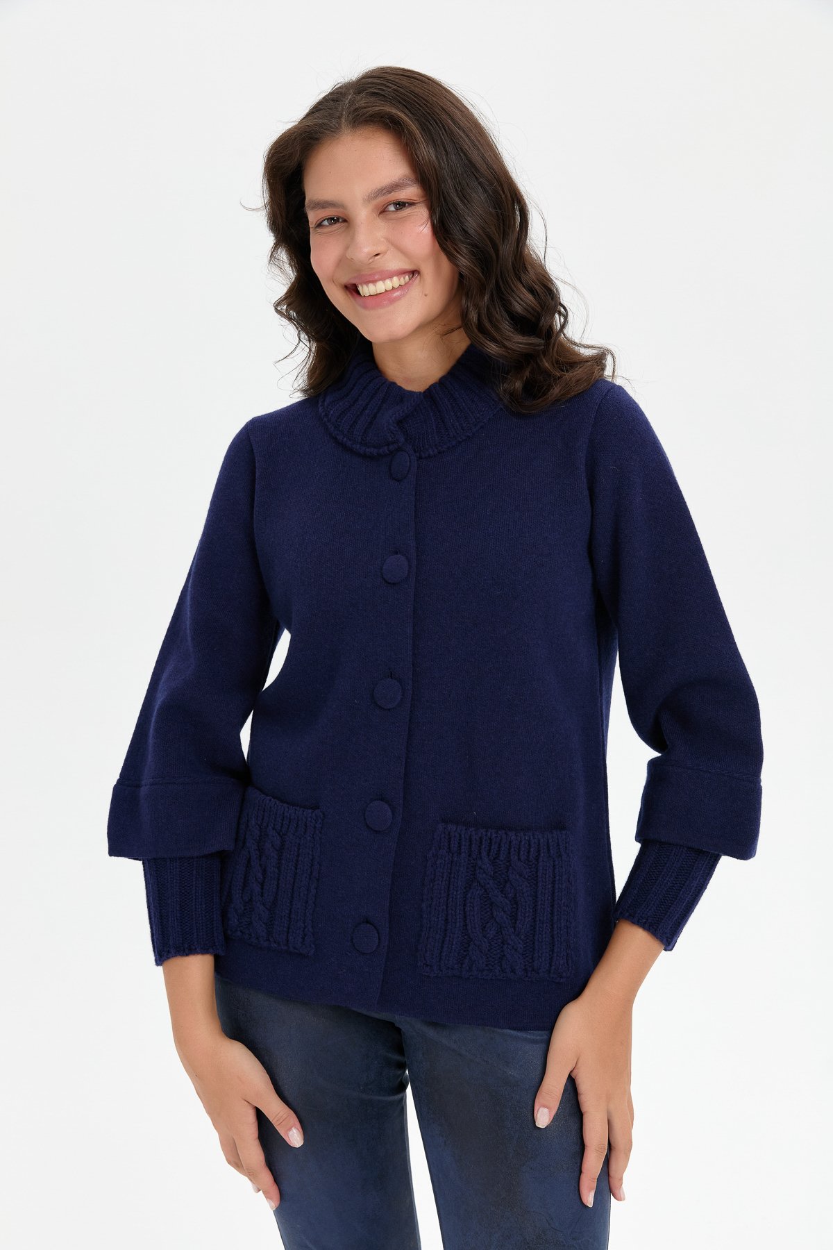 24046Kadın Dik Yaka Truvakar Kol Kısa Yün Ceket Y.A Lacivert