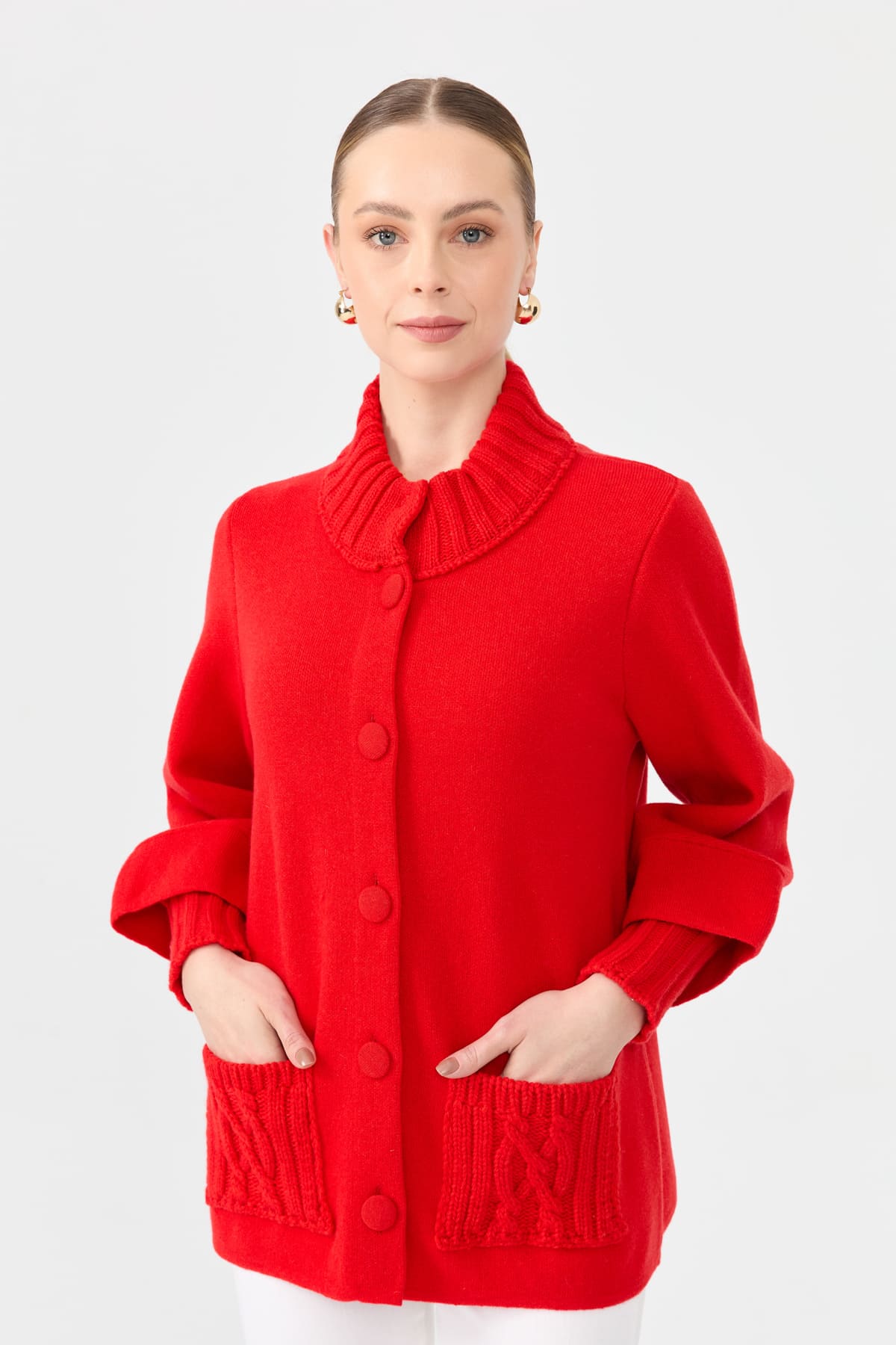 24046Kadın Dik Yaka Truvakar Kol Kısa Yün Ceket Mercan