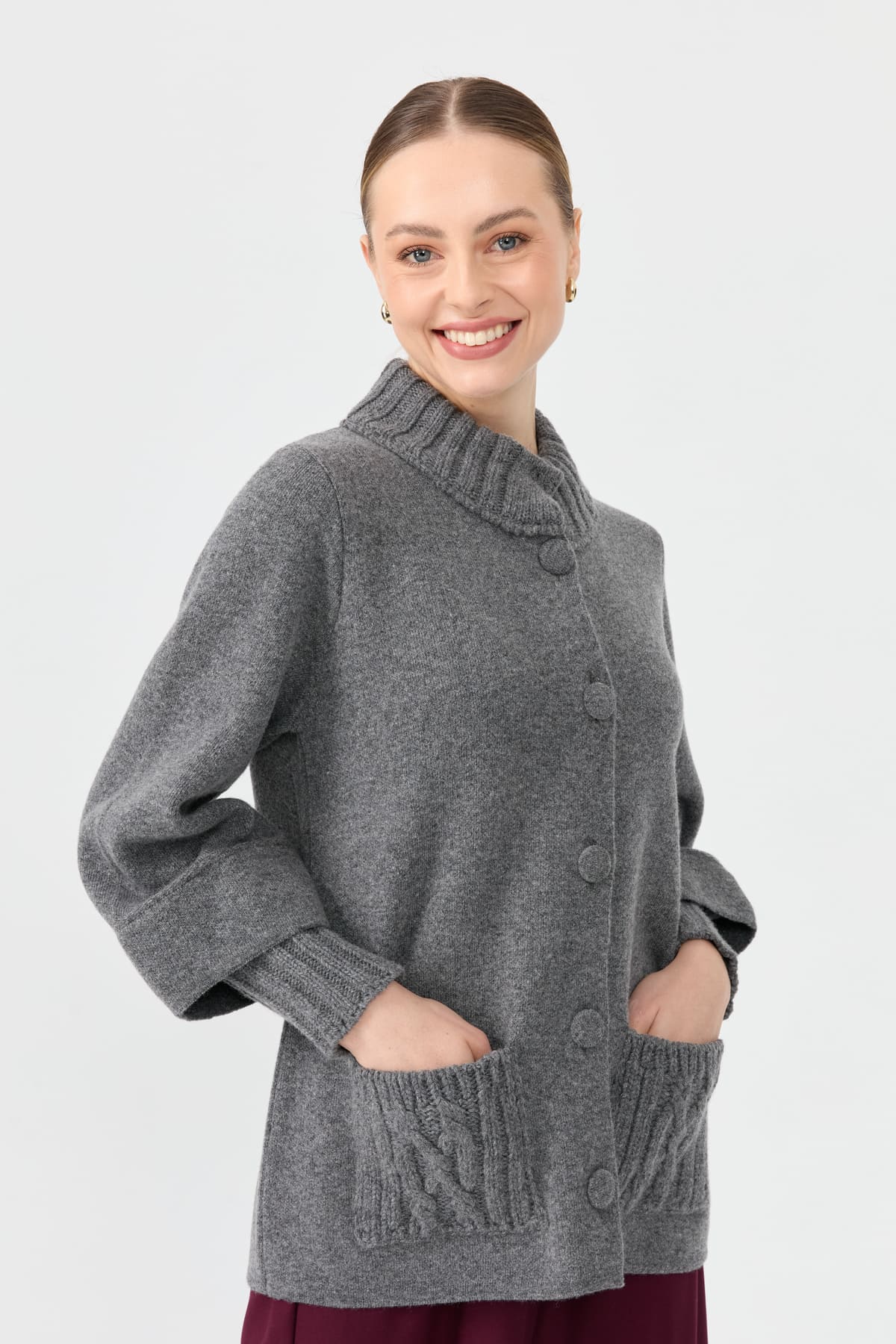 24046Kadın Dik Yaka Truvakar Kol Kısa Yün Ceket Füme