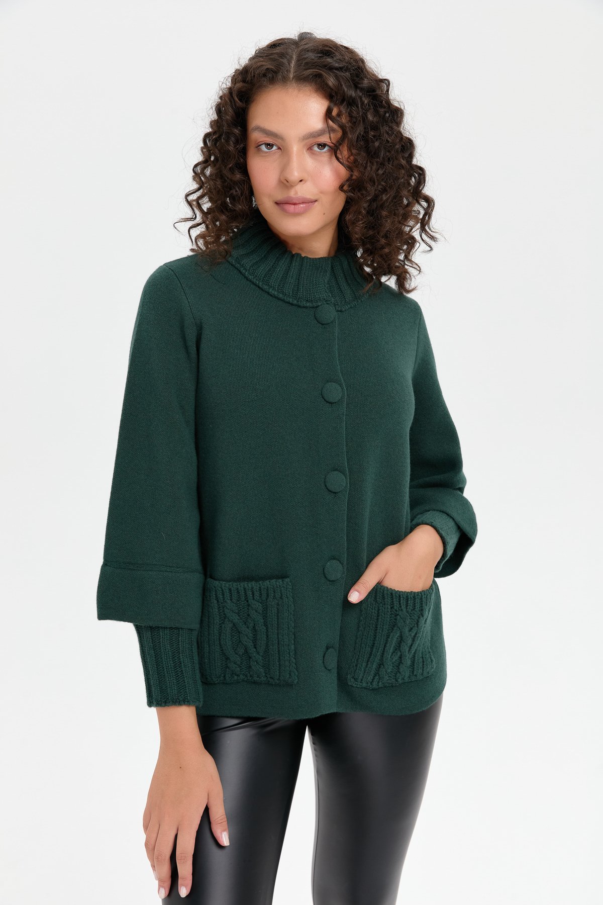 24046Kadın Dik Yaka Truvakar Kol Kısa Yün Ceket Yeşil
