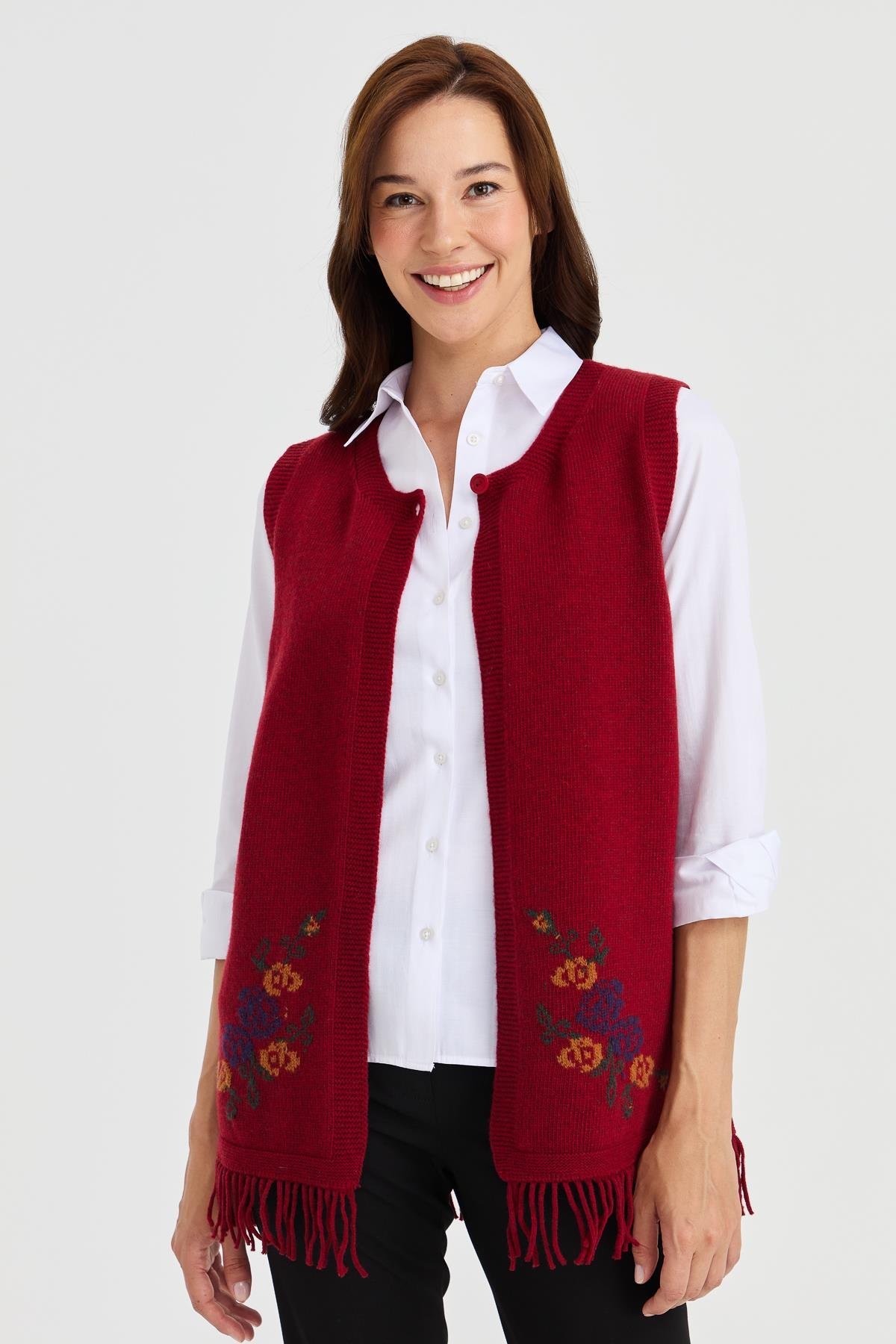 23225Kadın Eteği Çiçekli Püsküllü Yelek V.Kırmızı