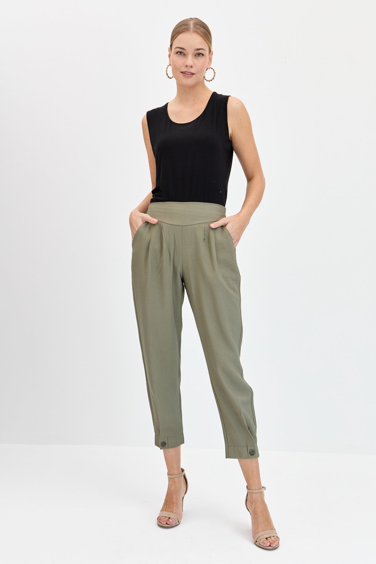 KMYPT01Kadın Geniş Kemerli Paçası Düğmeli Keten Pantolon Haki