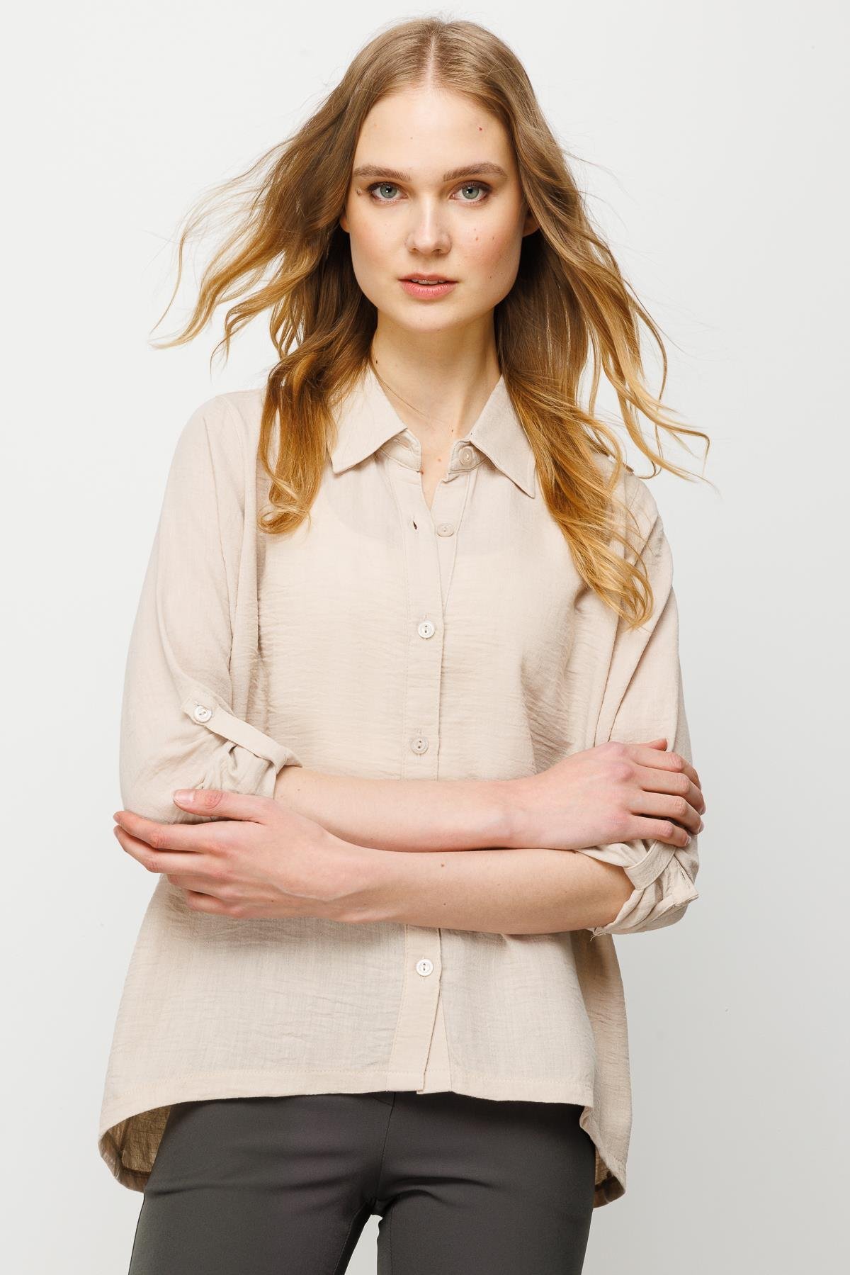 23773Kadın Geniş Kesim Düz Keten Gömlek Bej
