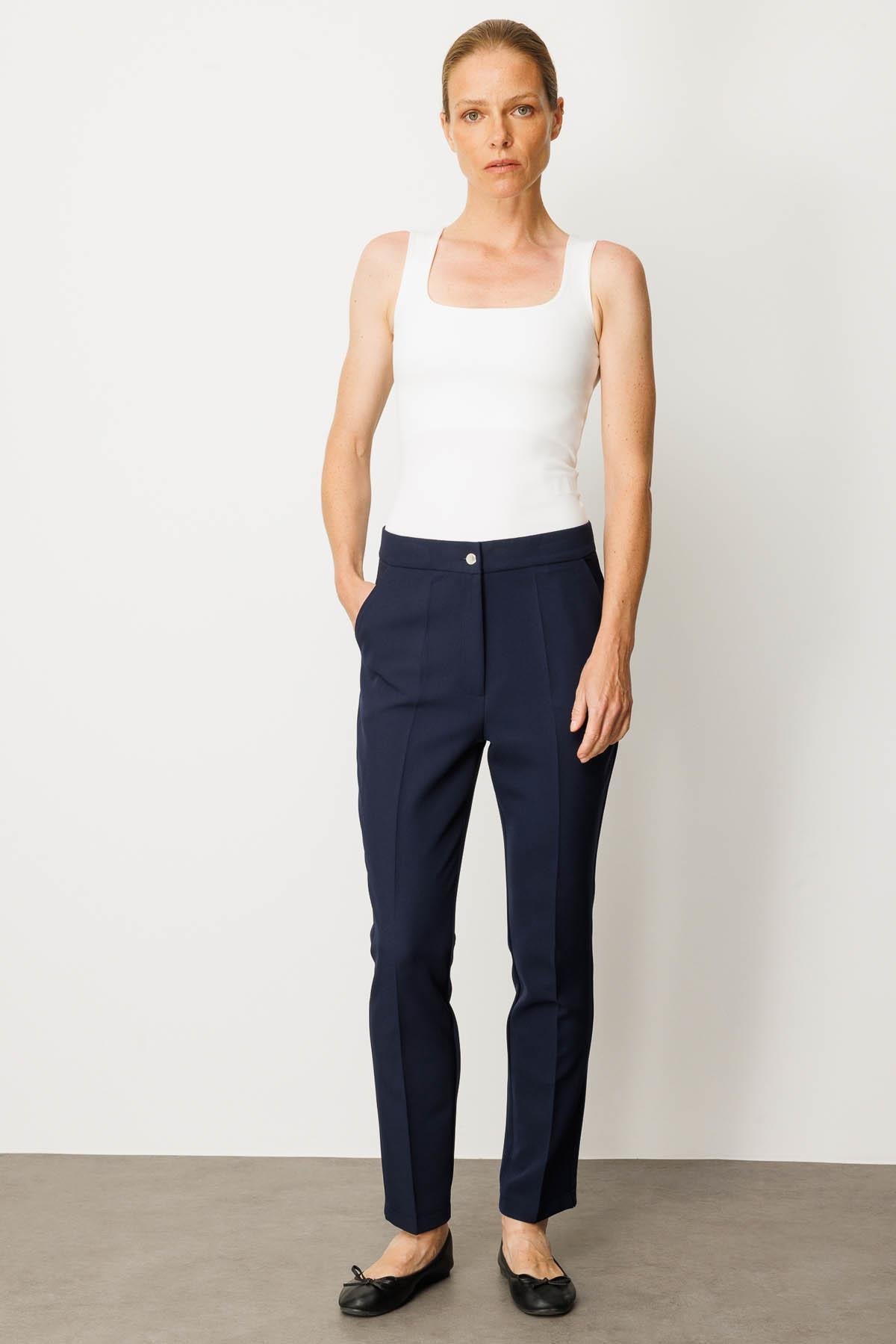 25913Kadın Gizli Fermuarlı Yan Cepli Kumaş Pantolon Lacivert