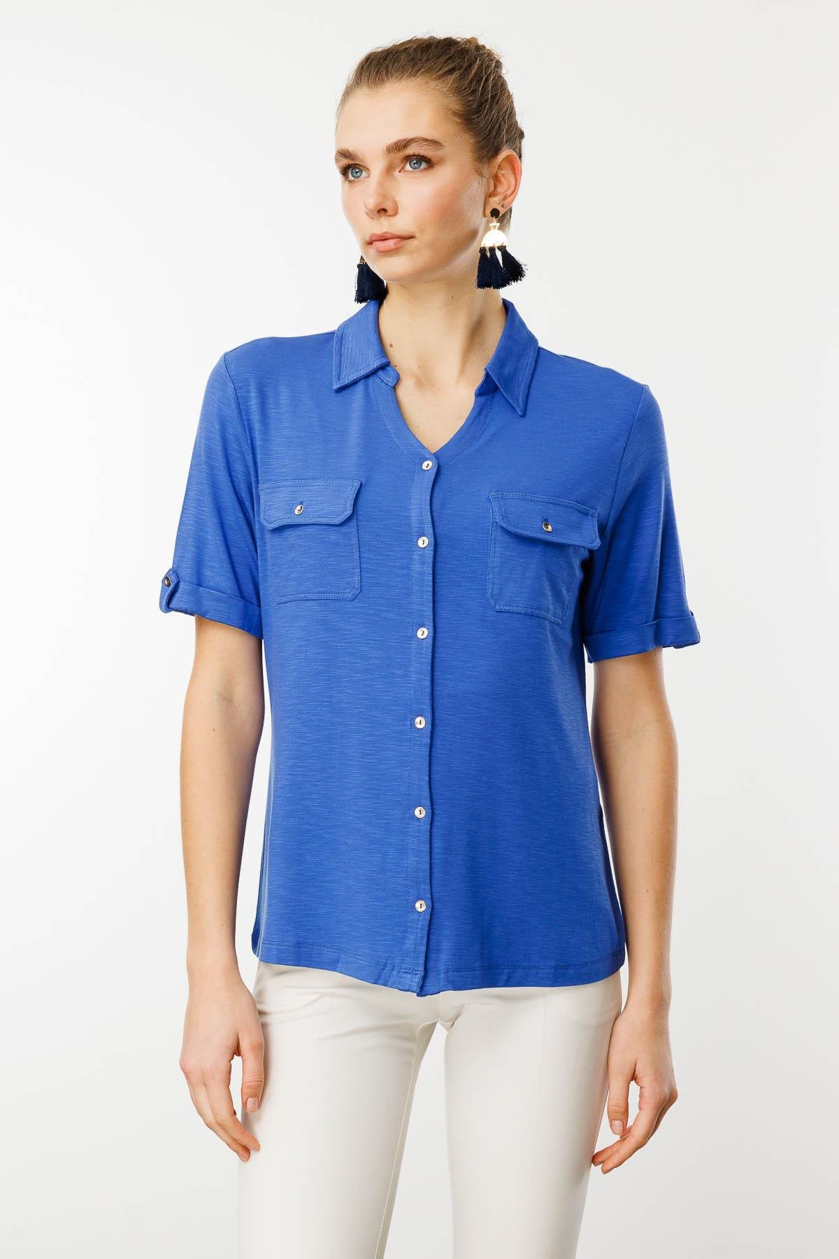 25831Kadın Göğsü Cepli Penye Gömlek İndigo