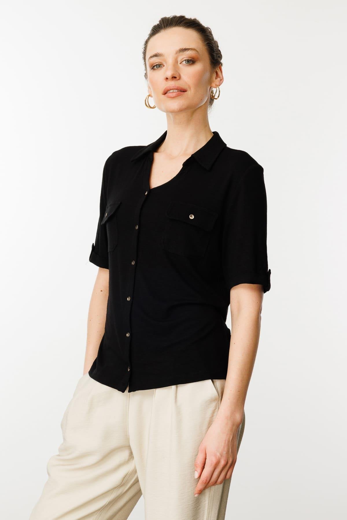 25831Kadın Göğsü Cepli Penye Gömlek Siyah