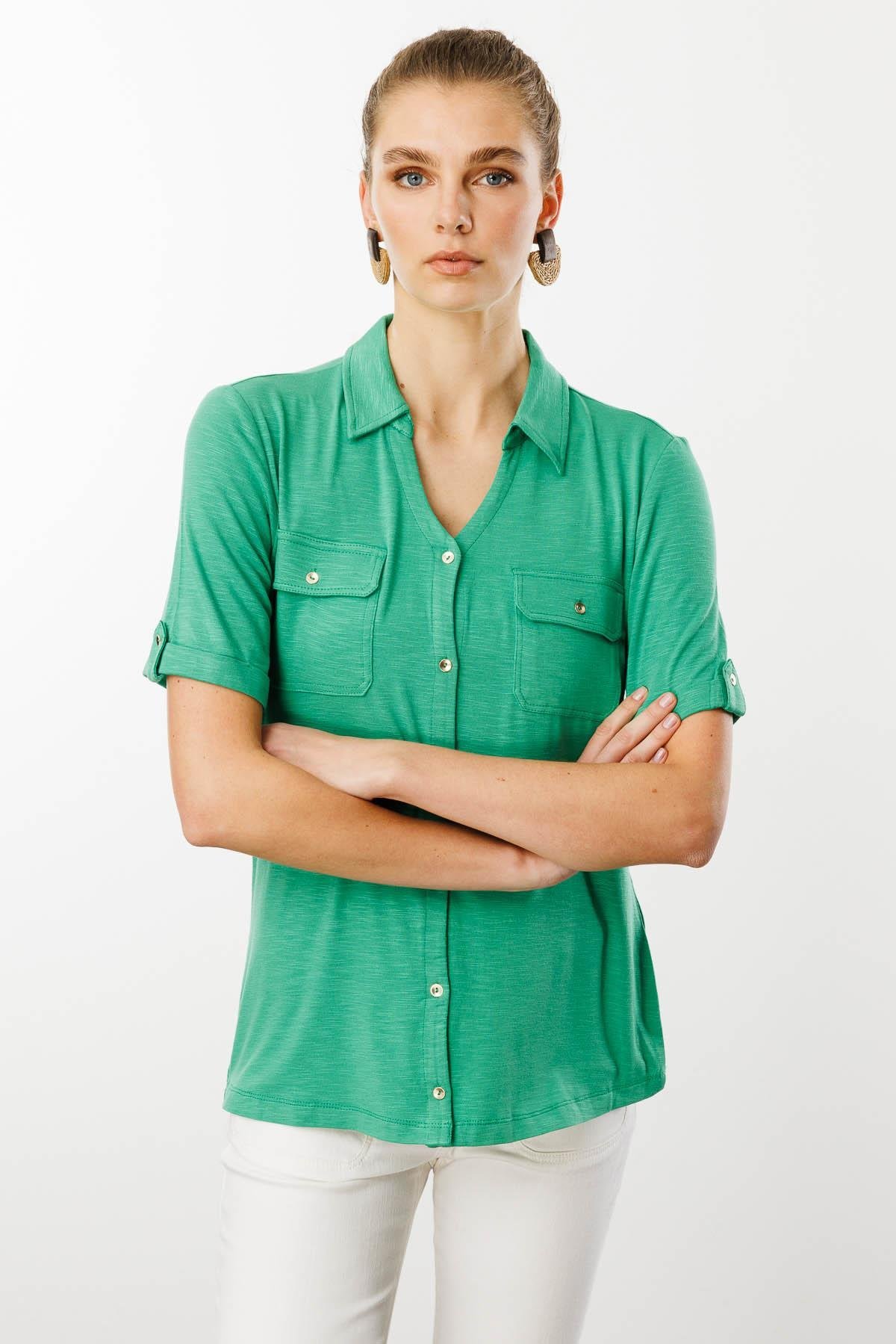 25831Kadın Göğsü Cepli Penye Gömlek Yeşil
