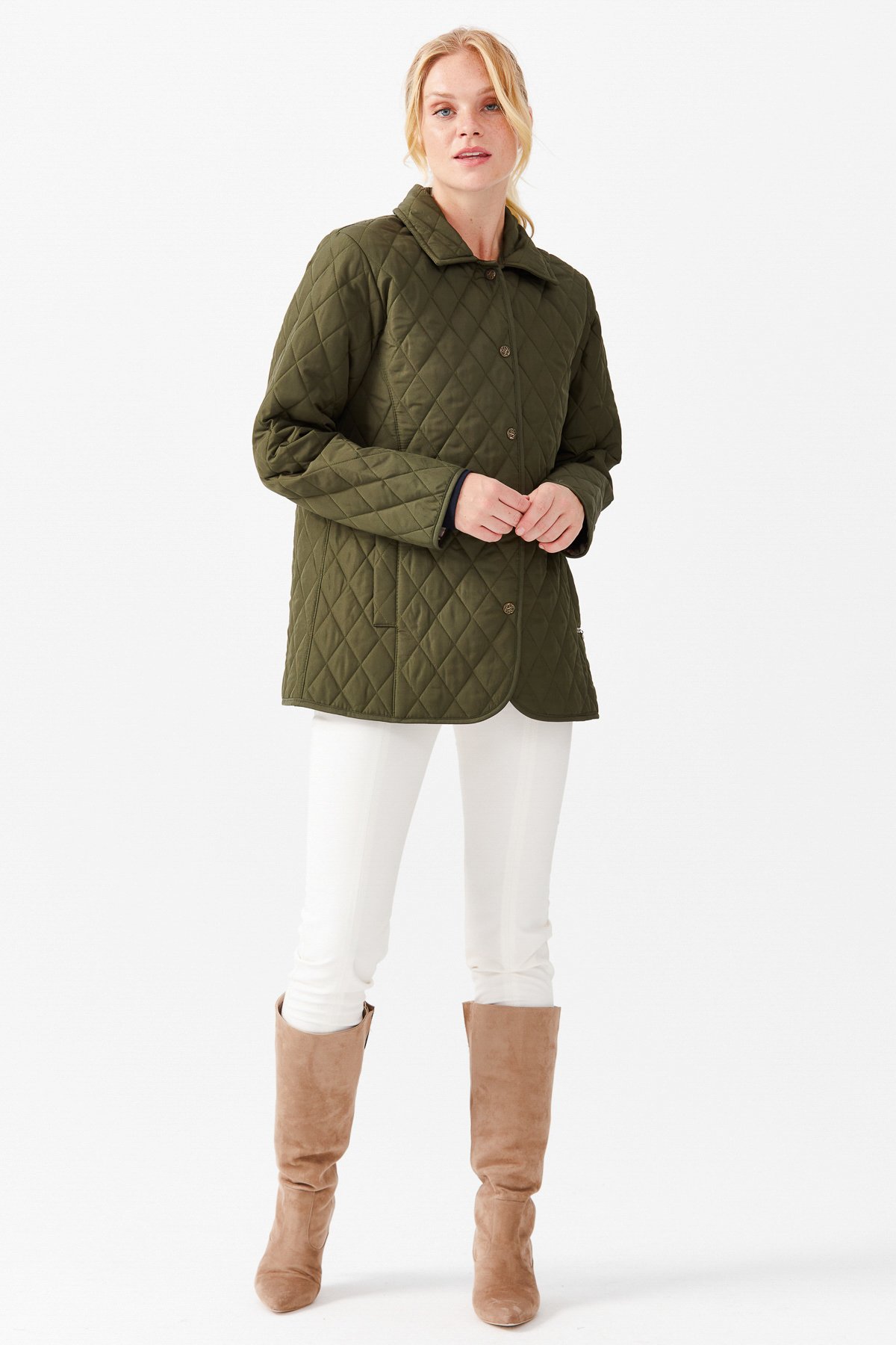 21433Женский стеганый жакет средней длины 1-6, хаки