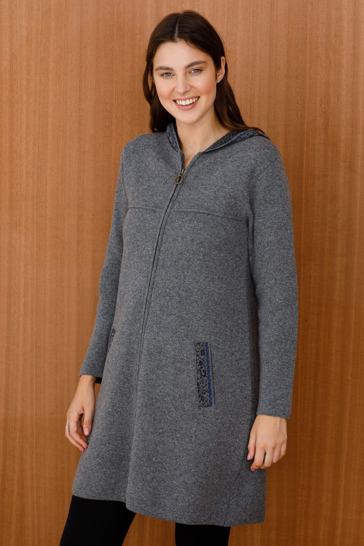 Women's Wool Hoody Long Cardigan Gray