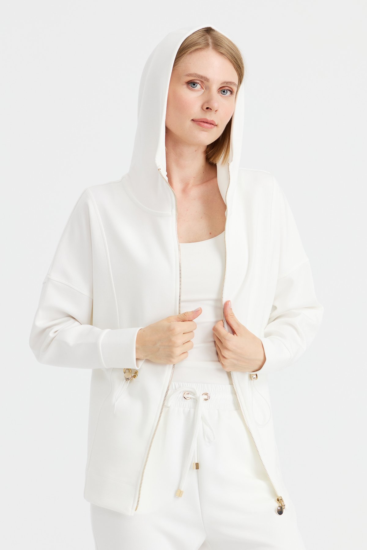 KMK23001Kadın Kapüşonlu Beli Büzgülü Sweat Beyaz